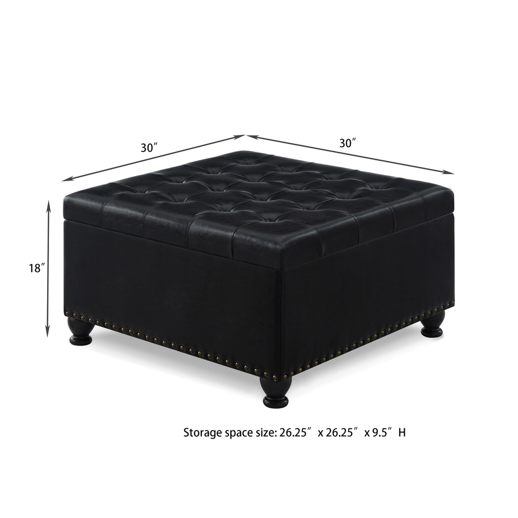 Large square storage ottoman with wooden legs, Upholstered button tufted coffee table with nail trims for Living Space, Black - Grand Goldman Shop