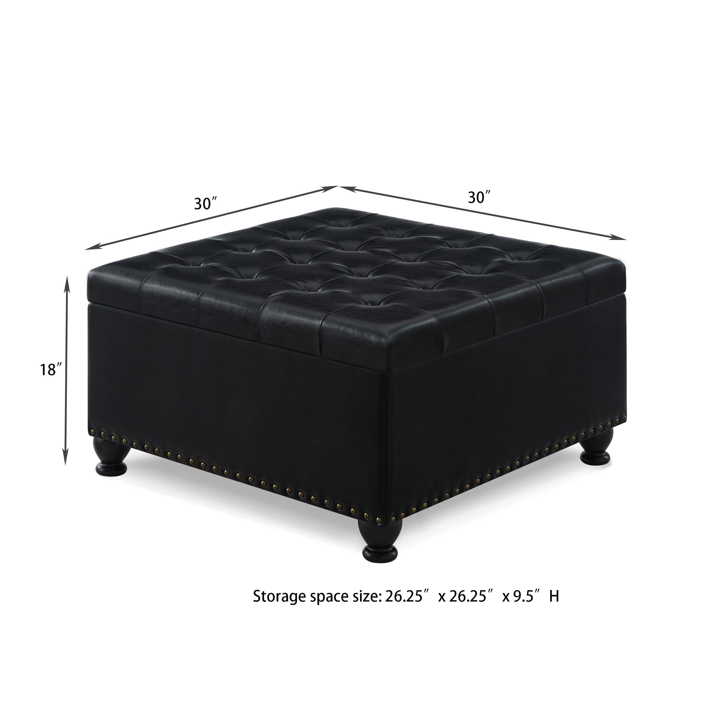 Large square storage ottoman with wooden legs, Upholstered button tufted coffee table with nail trims for Living Space, Black - Grand Goldman Shop