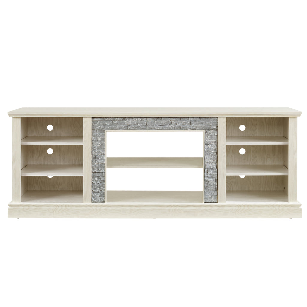 Large TV Desk Storage Rack with Faux Stacked Stone Surround,Media Console Table with Large Storage Cabinet,Modern TV Media Entertaionment Stand,WHITE, 70.12'W*15.35'D*25.83'H - Grand Goldman Shop