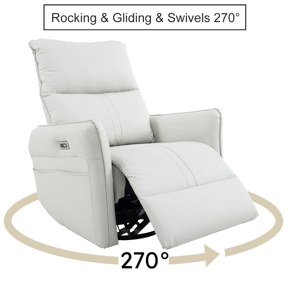 270° Power Swivel Rocker Recliner Chair, PU Leather Electric Glider Reclining Sofa with USB Ports, Power Swivel Glider, Rocking Chair,Nursery Recliners for Living Room Bedroom(Light Gray+270°Swivel) - Grand Goldman Shop