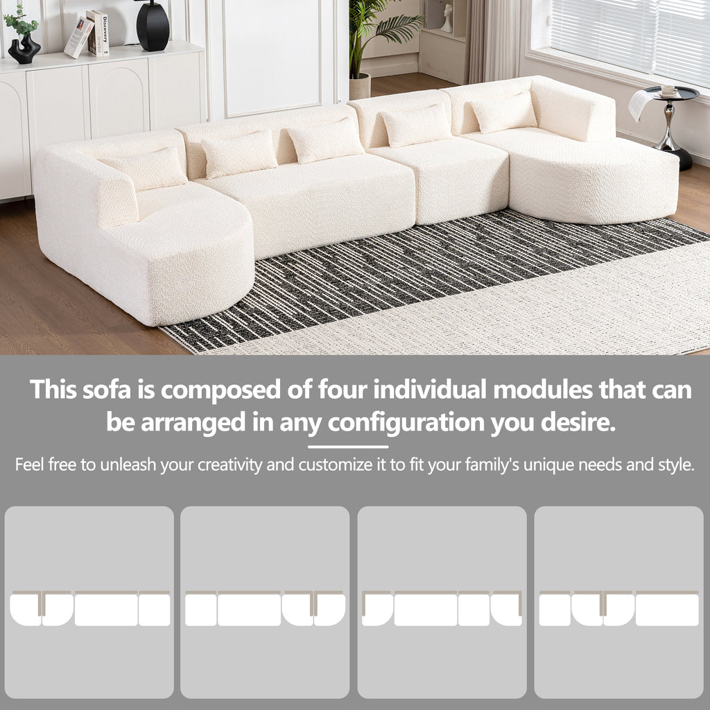 Modern Upholstered L-Shape Sofa with Chaise Lounge and Back Pillows, Beige Boucle Fabric, 144 inches - Grand Goldman Shop