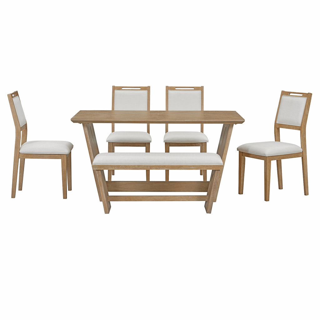 TREXM 6-Piece Retro Dining Table Set for 6, 60' Wood Kitchen Table and Chairs Set of 4 with Bench Designed Trestle Base for kitchen & Dining Room (Natural Wood Wash) - Grand Goldman Shop