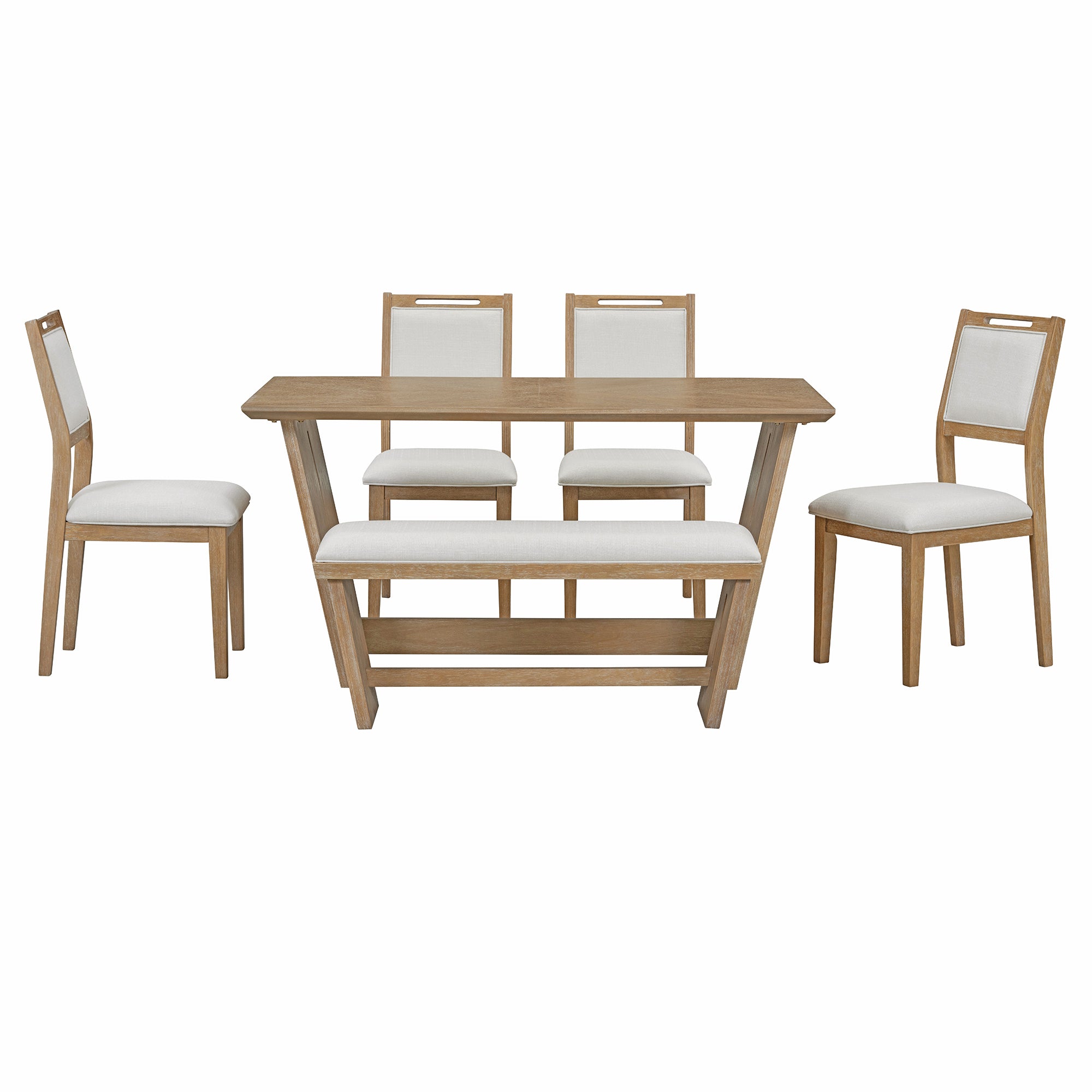 TREXM 6-Piece Retro Dining Table Set for 6, 60' Wood Kitchen Table and Chairs Set of 4 with Bench Designed Trestle Base for kitchen & Dining Room (Natural Wood Wash) - Grand Goldman Shop