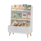 Kids Bookshelf White MDF and Pine Legs Book Organizer with Toy Storage, 26.77 x 12.60 x 36.61 inches | Premium Home Decor - G