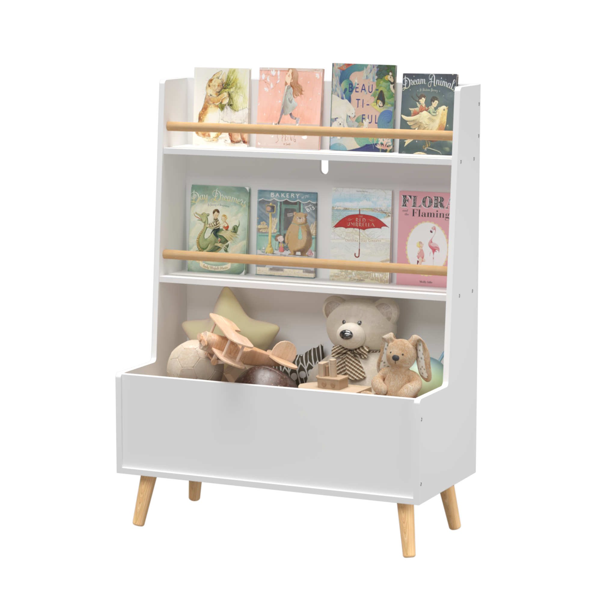 Kids Bookshelf White MDF and Pine Legs Book Organizer with Toy Storage, 26.77 x 12.60 x 36.61 inches | Premium Home Decor - G