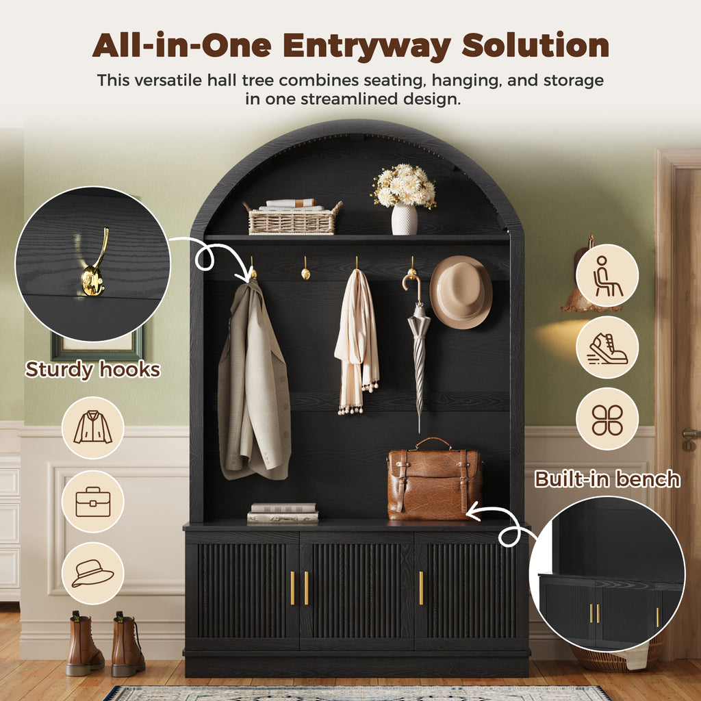 Farmhouse Fabric Arched Top Hall Tree with 5 Metal Hooks, All-in-One Mudroom Furniture with Adjustable Shelves, Mid-Century Fluted Door Entryway Bench with Wood Grain Finish for Hallway, Black - Grand Goldman Shop
