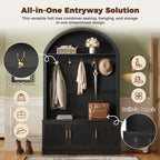 Farmhouse Fabric Arched Top Hall Tree with 5 Metal Hooks, All-in-One Mudroom Furniture with Adjustable Shelves, Mid-Century Fluted Door Entryway Bench with Wood Grain Finish for Hallway, Black - Grand Goldman Shop