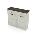 Farmhouse Barn Door Style Double Tilt Out Trash Cabinet for 20 Gallon Cans with Free Standing Recycling and Laundry Storage, Antique White & Brown Woodgrain - Grand Goldman Shop