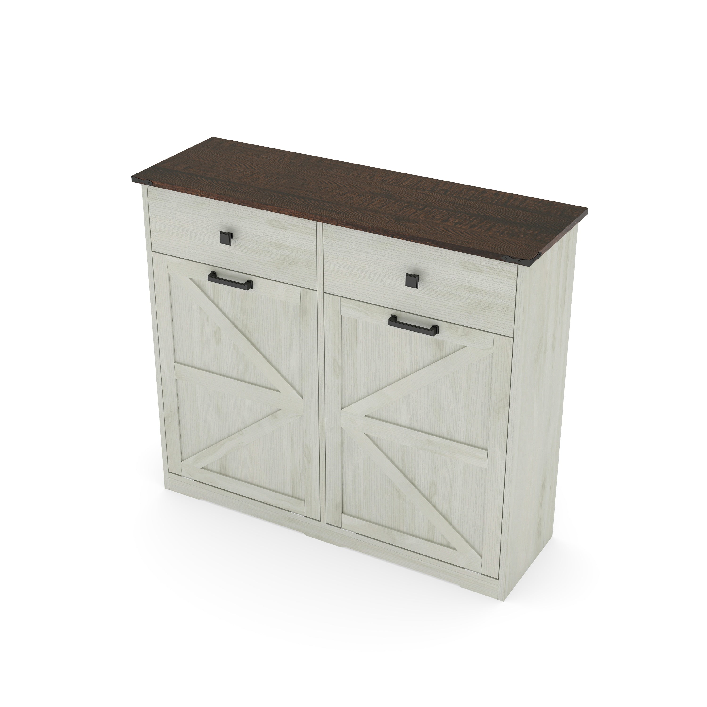 Farmhouse Barn Door Style Double Tilt Out Trash Cabinet for 20 Gallon Cans with Free Standing Recycling and Laundry Storage, Antique White & Brown Woodgrain - Grand Goldman Shop