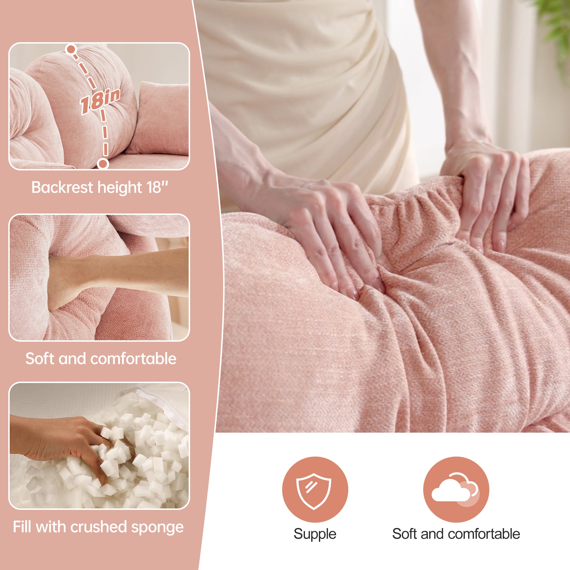 Cloud Sectional L-Shaped Couch With Ottoman,Soft Chenille Fabric,Quilted Pleated Design High-Density Foam,Fits Bedrooms Living Rooms Reading Nooks,Pink - Grand Goldman Shop