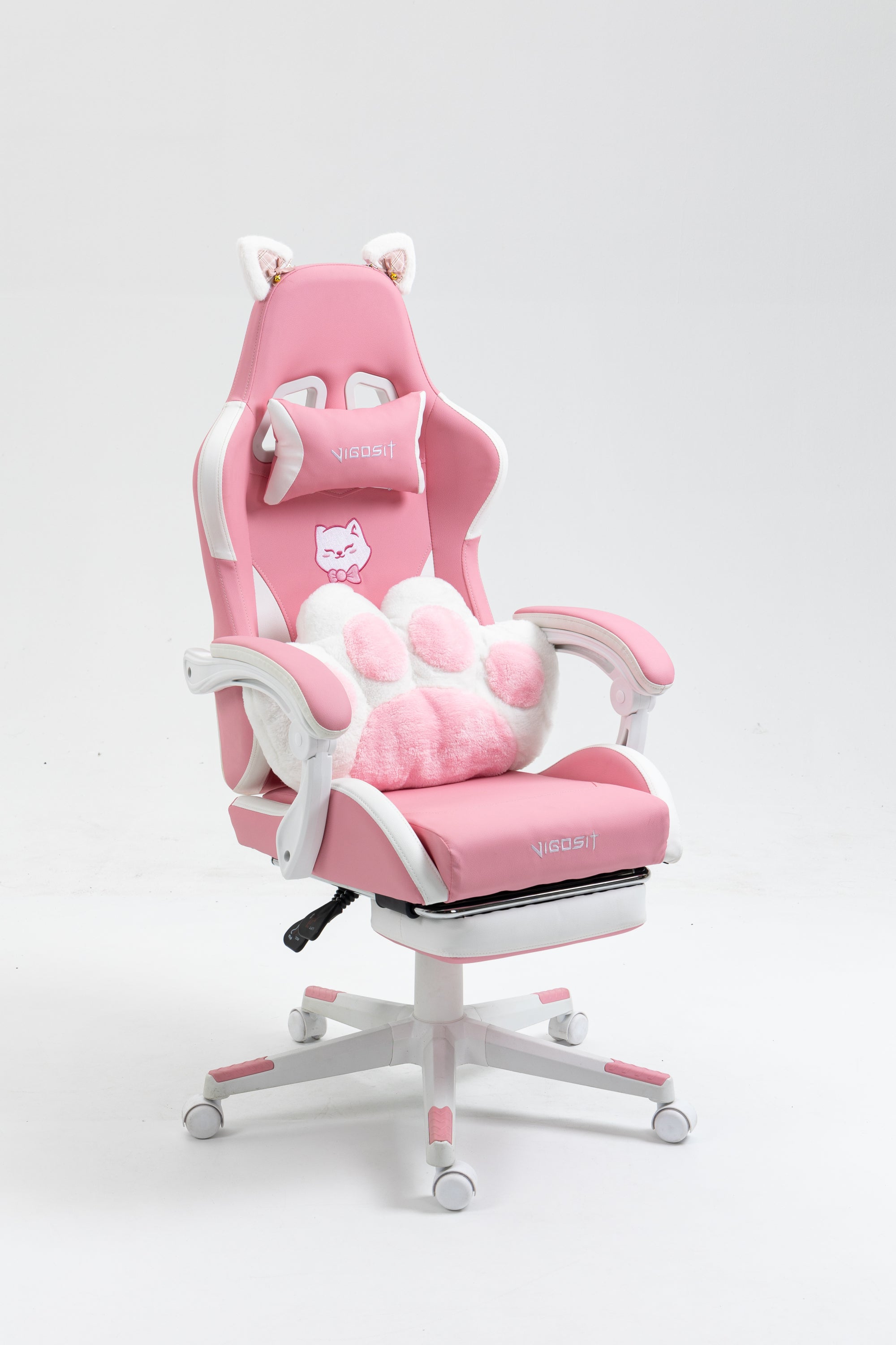 Cat Ears Pink Gaming Chair - Pink PU Leather Ergonomic Reclining Office Chair with Footrest, 310lb Capacity, 6-Position Recli