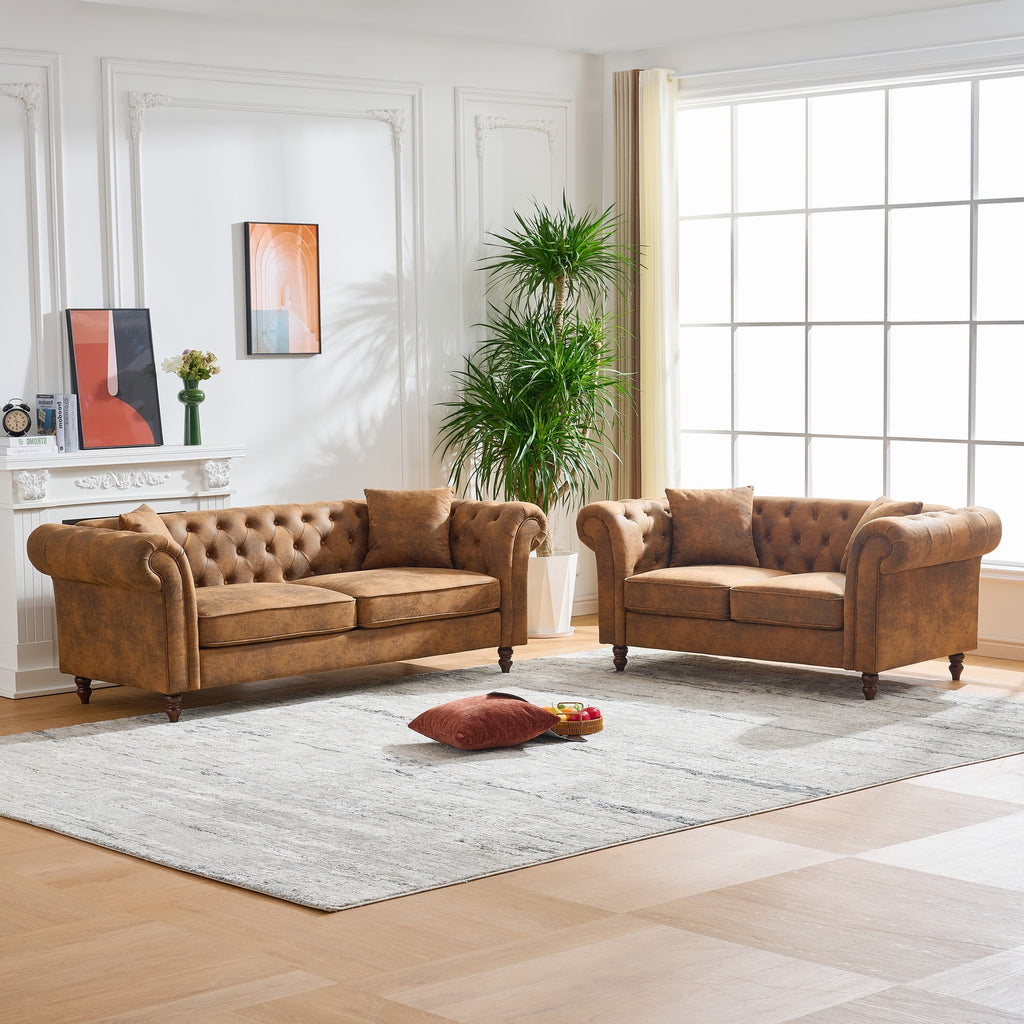 63'Chesterfield ‌tech Fabric Sofa,High-tech Fabric Roll Armrest Sofa,Upholstered Mid Century Modern Couch,2 Seater Couch for Living Room, Office, Apartment, Brown - Grand Goldman Shop