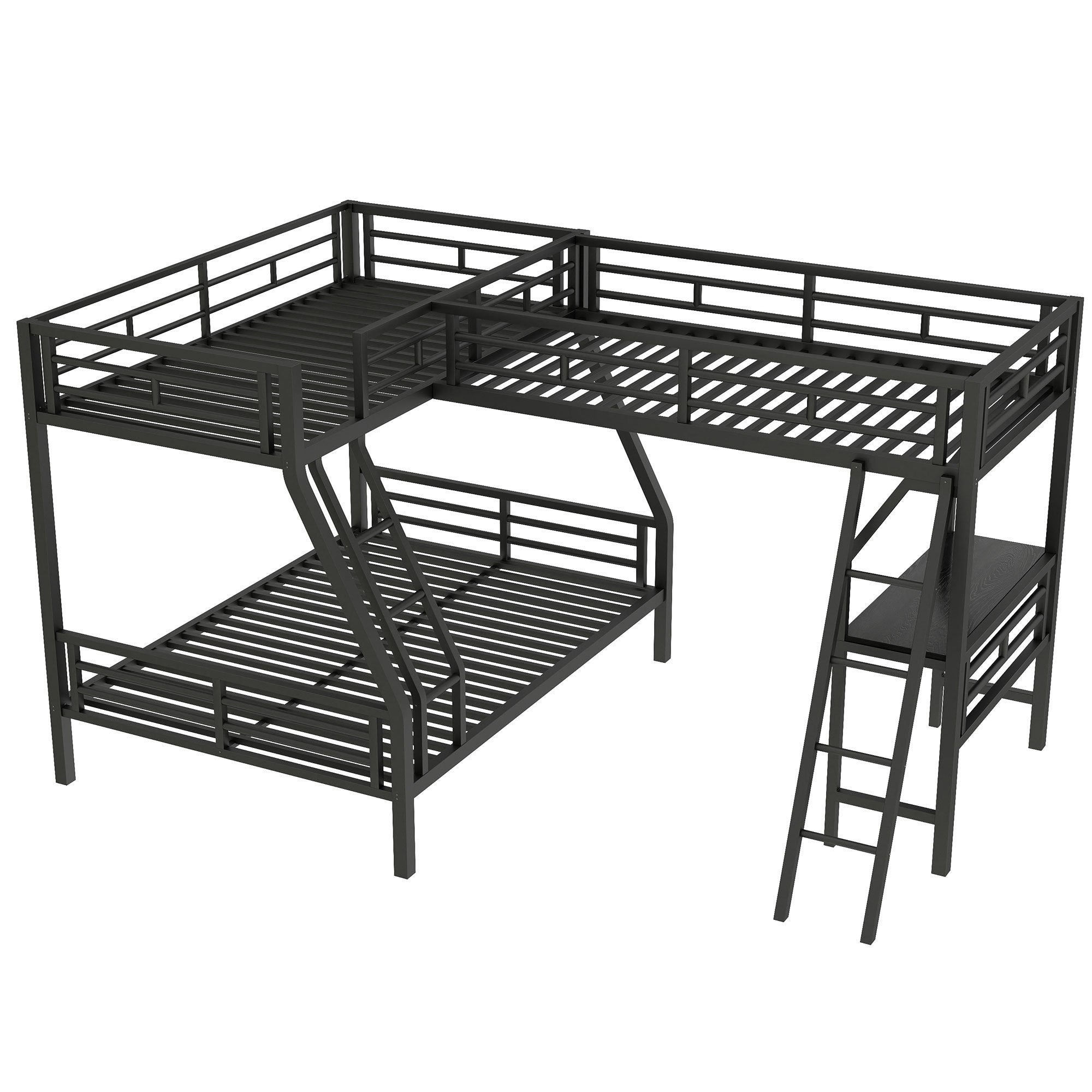 Twin over Full Bunk Bed with Loft and Desk, Metal Black, L-Shaped Design for 3 Sleepers - Grand Goldman Shop