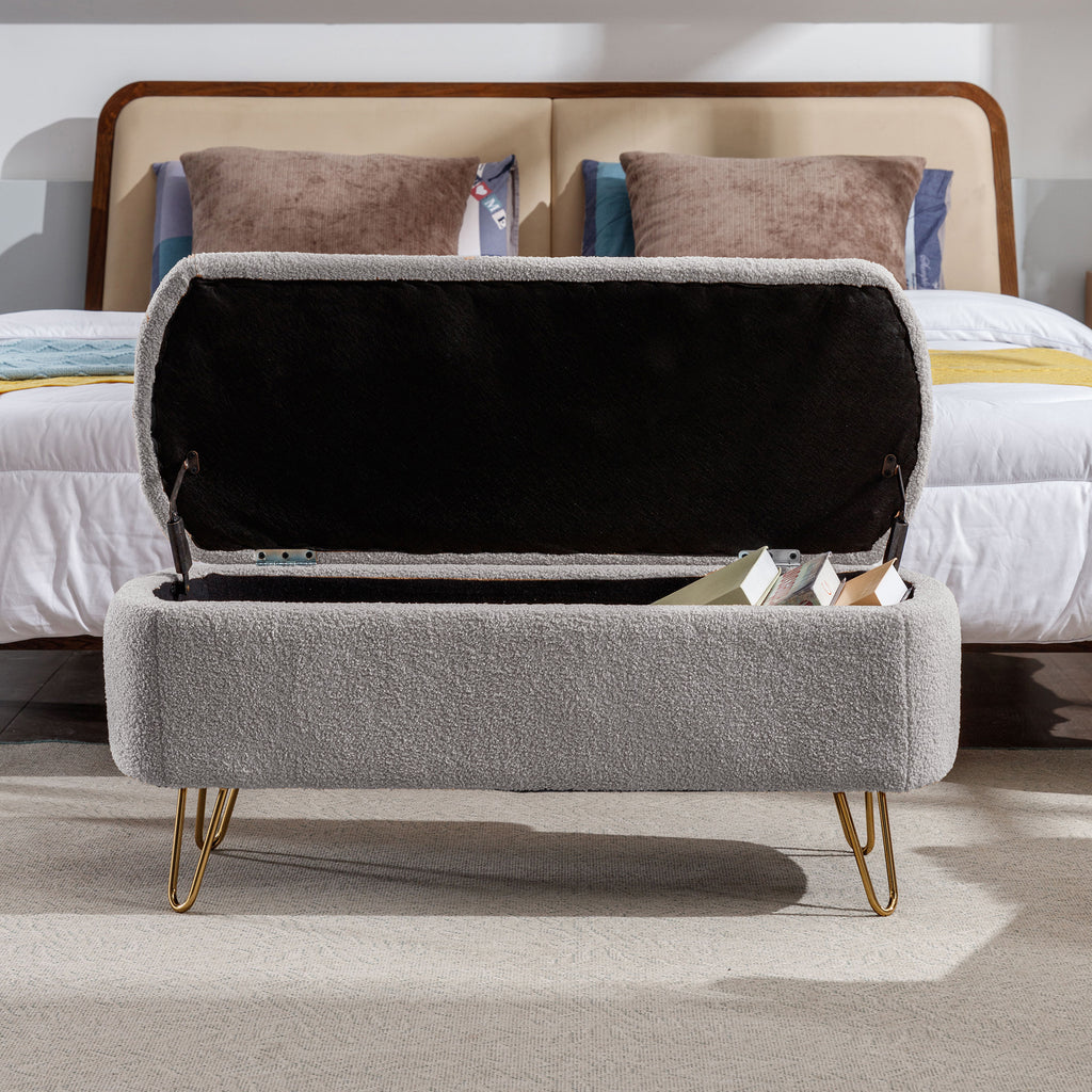 Grey Storage Ottoman Bench for End of Bed Gold Legs, Modern Grey Faux Fur Entryway Bench Upholstered Padded with Storage for Living Room Bedroom - Grand Goldman Shop