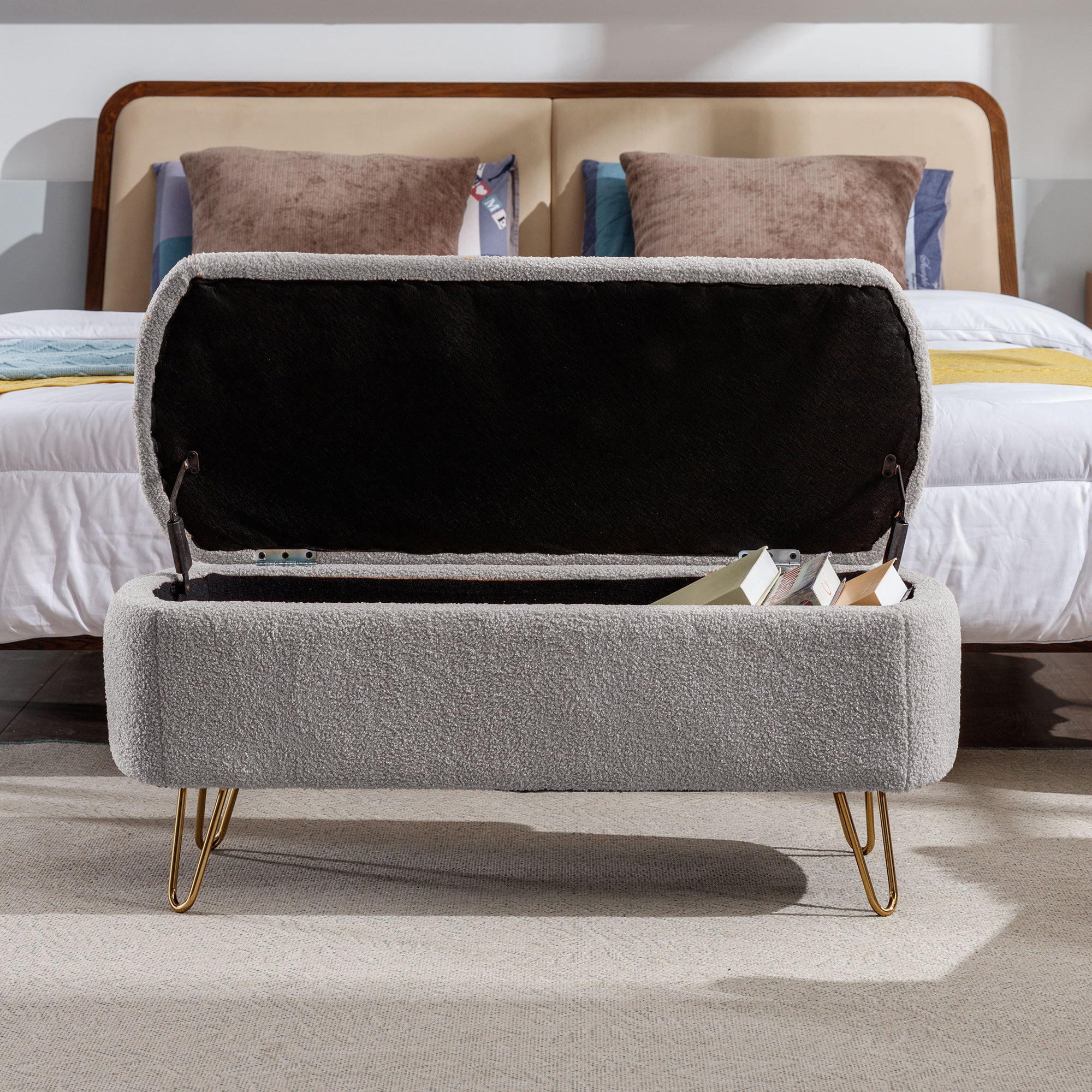 Grey Storage Ottoman Bench for End of Bed Gold Legs, Modern Grey Faux Fur Entryway Bench Upholstered Padded with Storage for Living Room Bedroom - Grand Goldman Shop