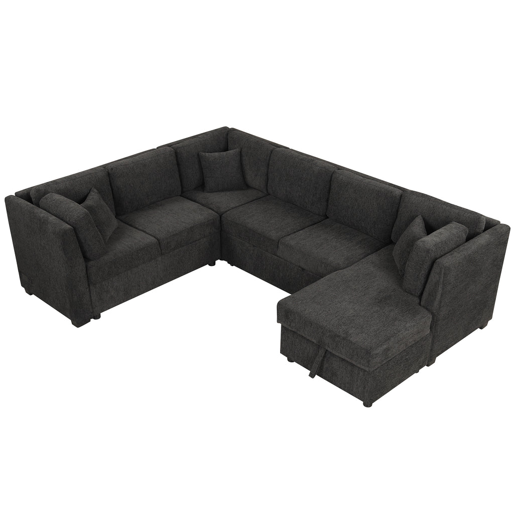 U-shaped Sectional Sofa Pull Out Bed with USB Ports, Power Sockets, Back Pillows & Storage Chaise, Black Chenille, 108.6' - Grand Goldman Shop