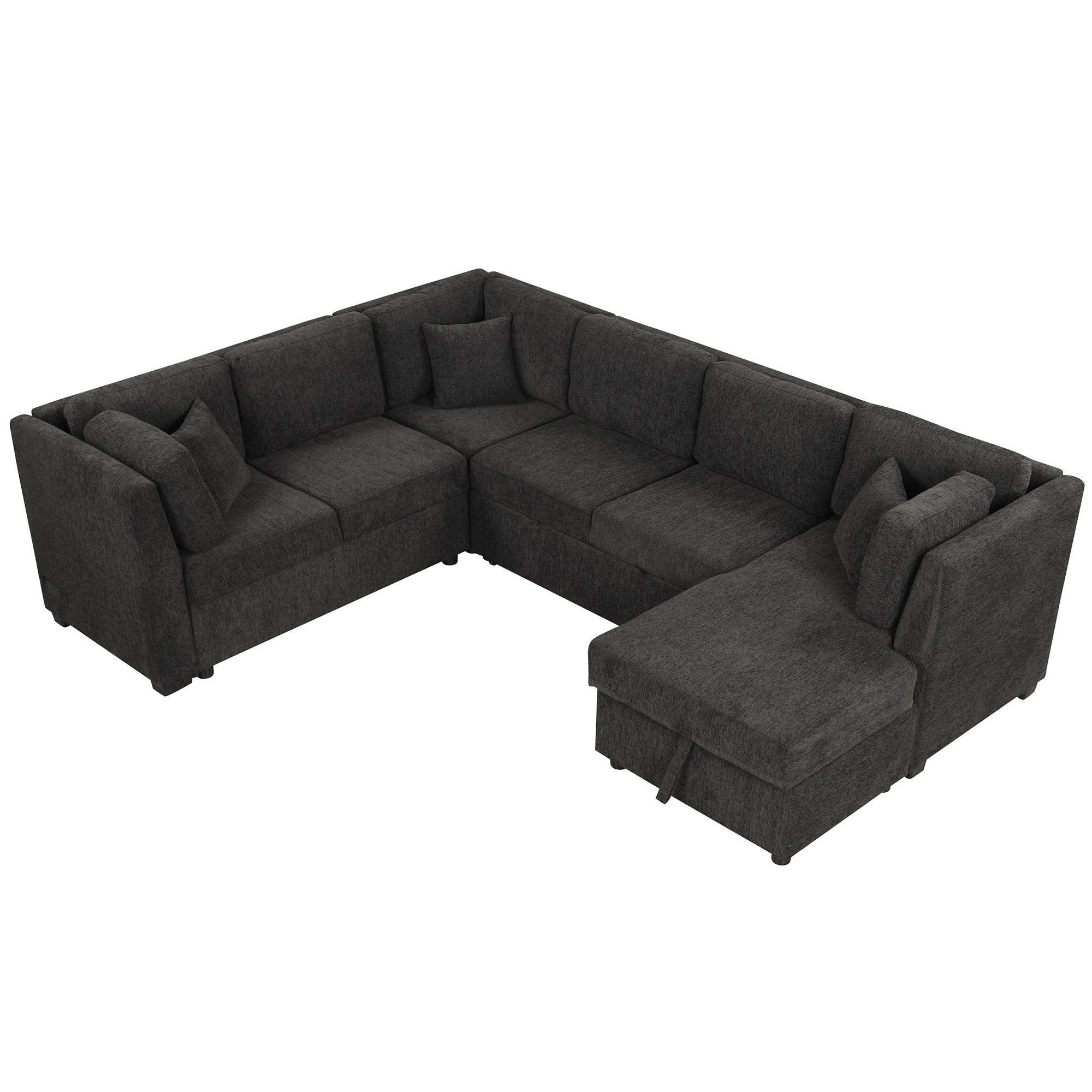 U-shaped Sectional Sofa Pull Out Bed with USB Ports, Power Sockets, Back Pillows & Storage Chaise, Black Chenille, 108.6' - Grand Goldman Shop