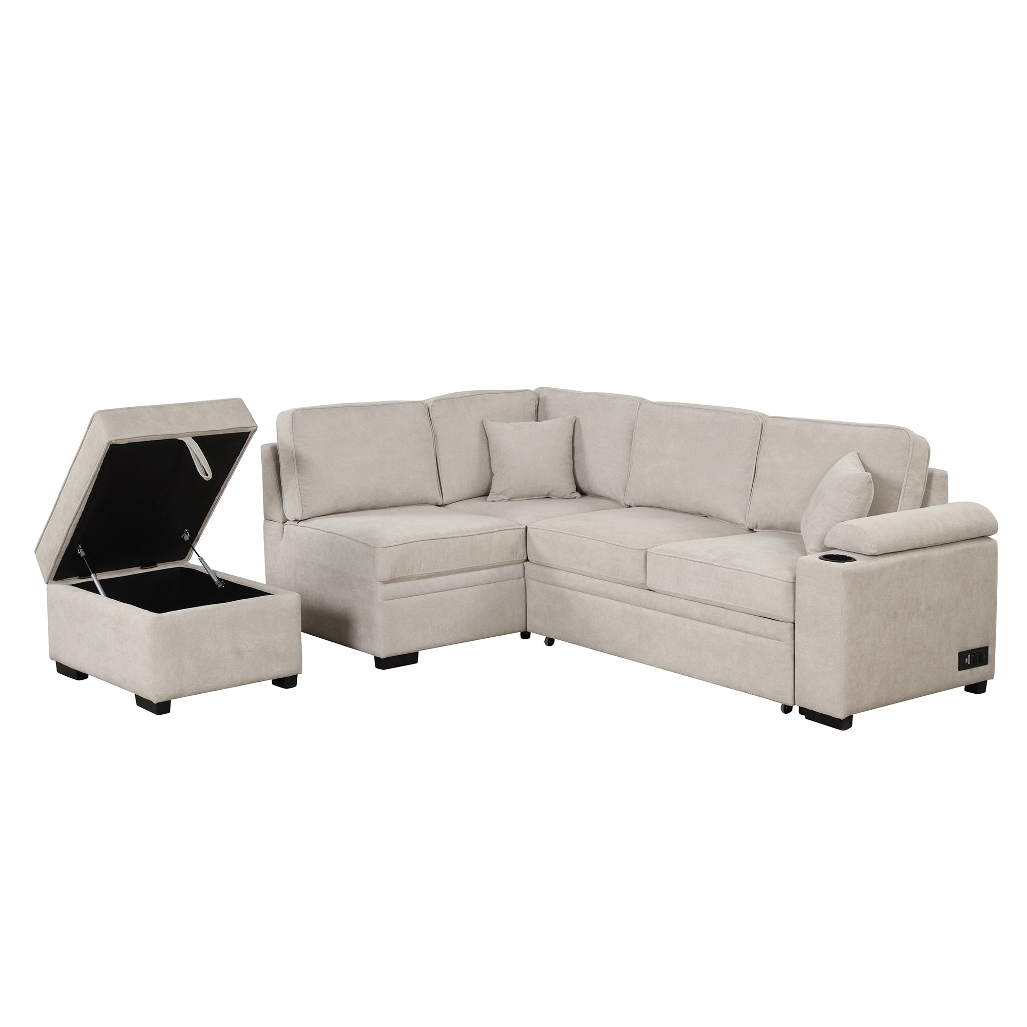 2 in 1 Sleeper Sofa Bed with Storage Ottoman, Beige Linen Upholstery, 84.75' L Shape Couch for Small Spaces - Grand Goldman Shop