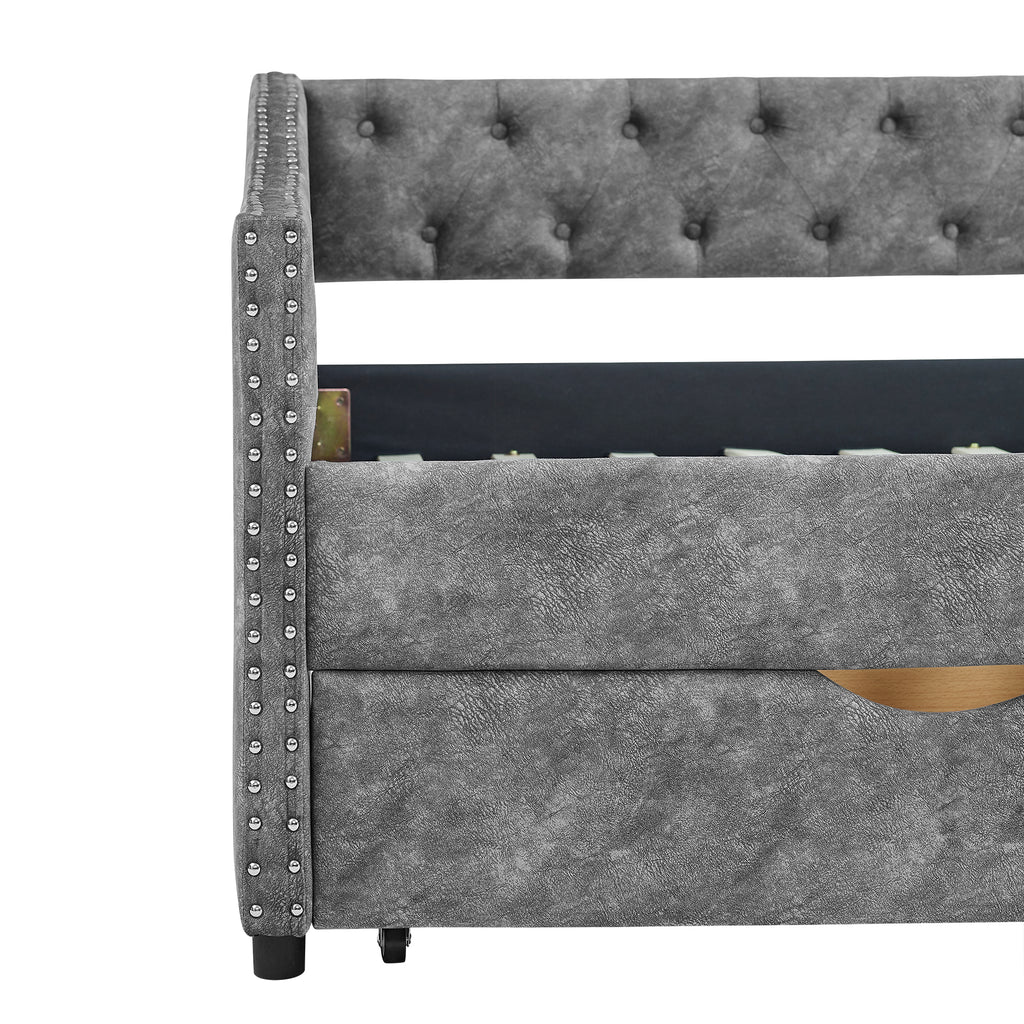 Grey Upholstered Tufted Twin Size Daybed with Drawers and Copper Nailhead Trim, Eucalyptus Wood Frame, 81.5''x4''x30.5'' - Grand Goldman Shop