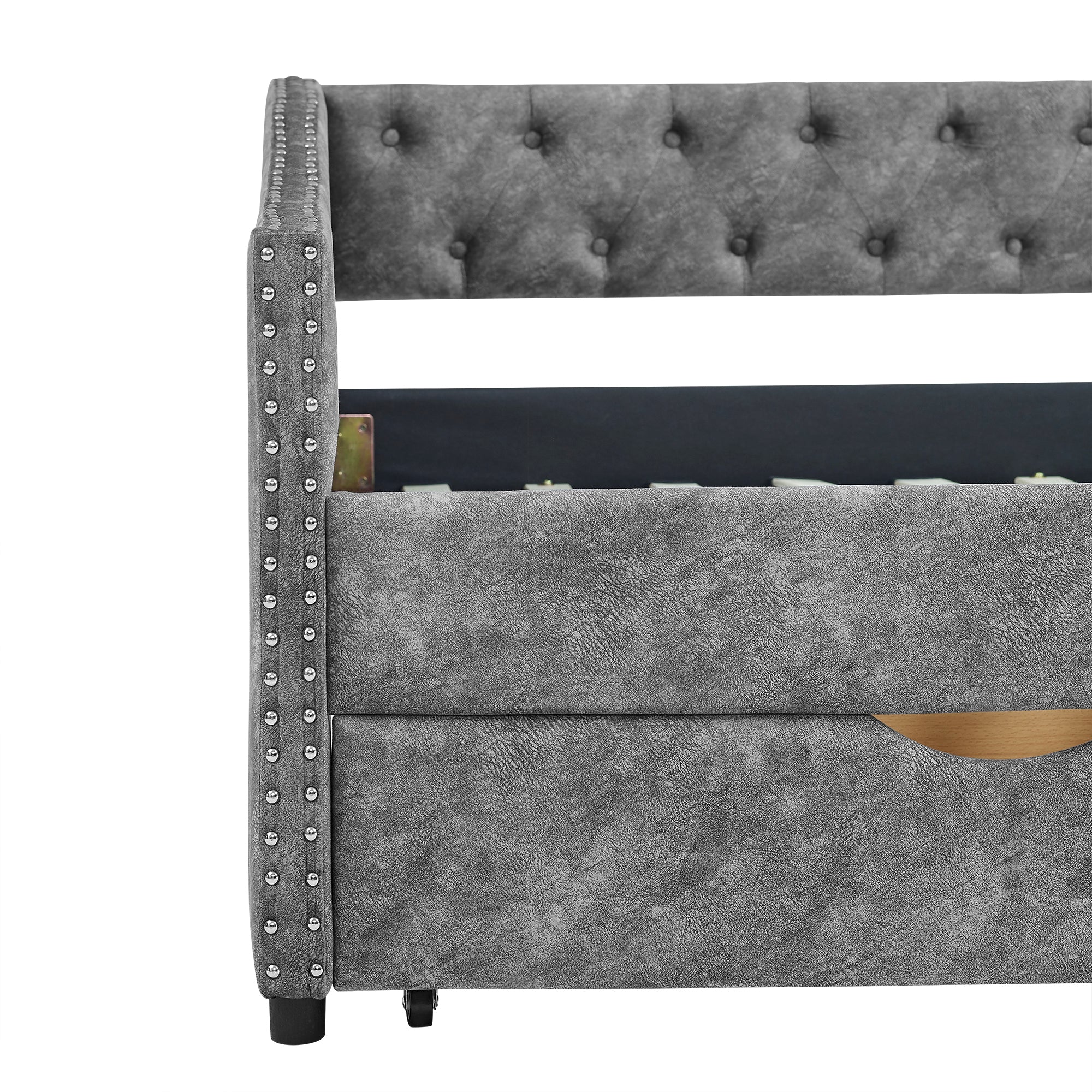 Grey Upholstered Tufted Twin Size Daybed with Drawers and Copper Nailhead Trim, Eucalyptus Wood Frame, 81.5''x4''x30.5'' - Grand Goldman Shop