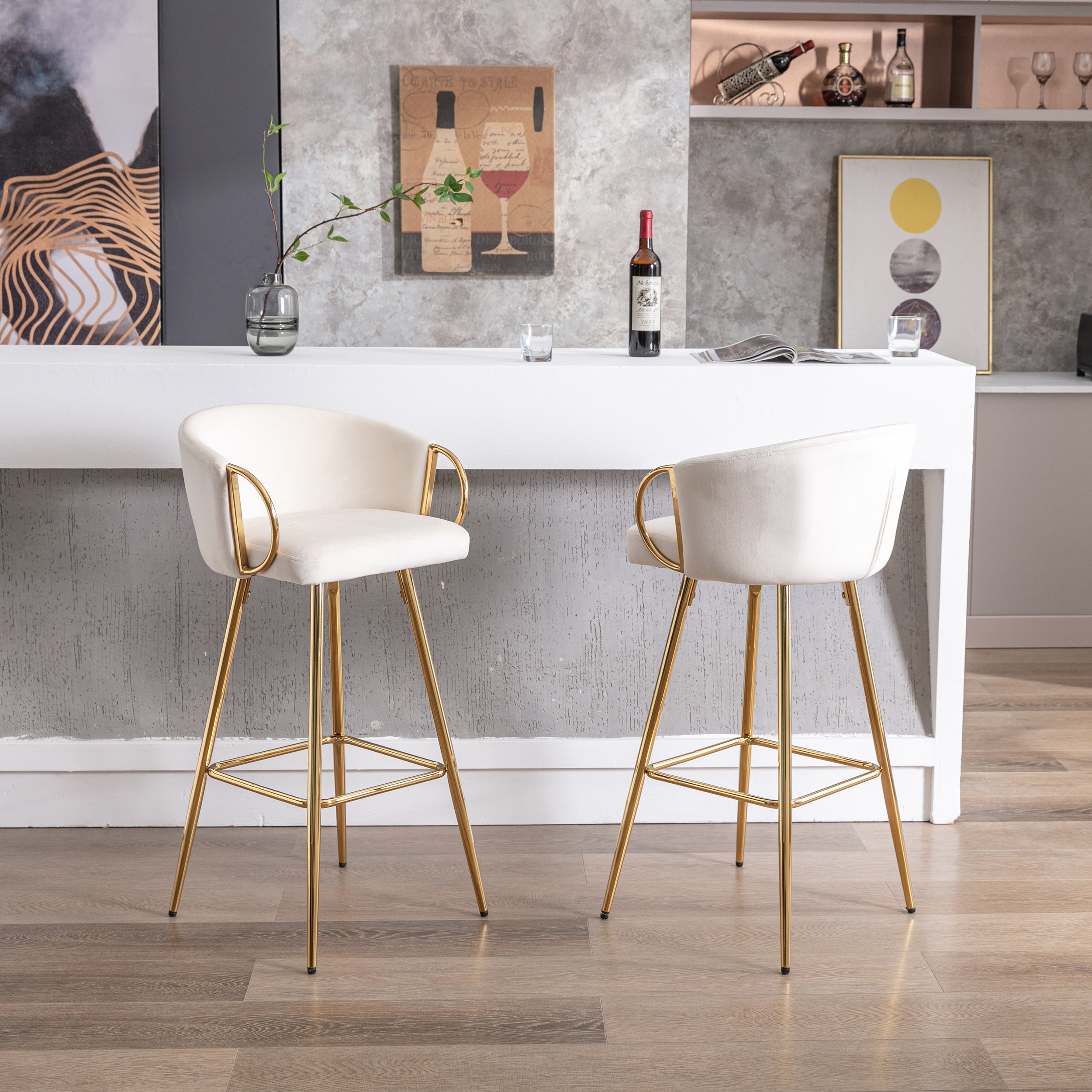 26 Inch Set of 2 Bar Stools,with Chrome Footrest and Base Velvet + Golden Leg Simple Bar Stoo,CREAM - Grand Goldman Shop