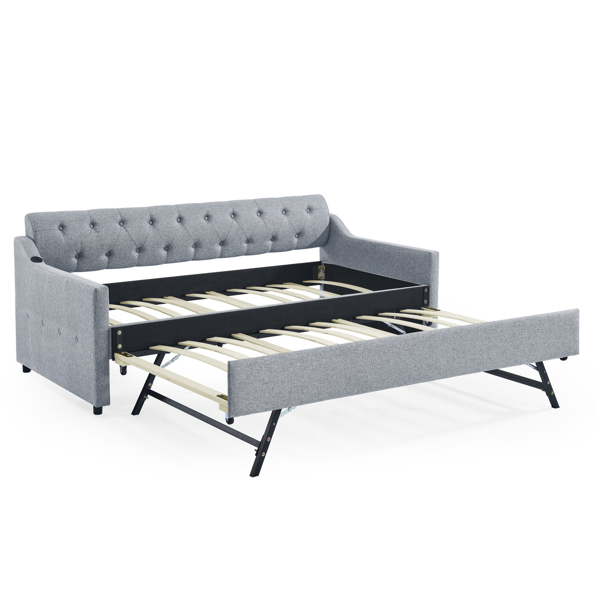 Linen Grey Mid-Century Style Twin Size Upholstered Daybed with Trundle and USB Charging Armrest - Grand Goldman Shop