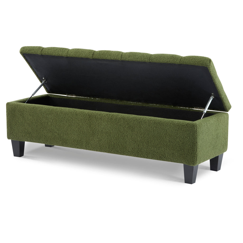 Ottoman Bench with Storage, Green Boucle Surface, Rubber Wood Legs, 300 lbs Capacity - Grand Goldman Shop