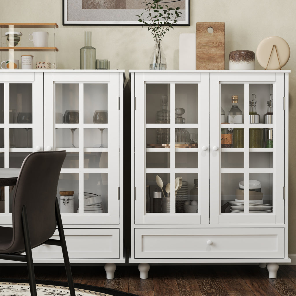Minimalist White Buffet Cabinet with Double Glass Doors and Drawer, Modern Wooden Storage Sideboard Cupboard for Living room, Dining Room Hallway Entryway - Grand Goldman Shop