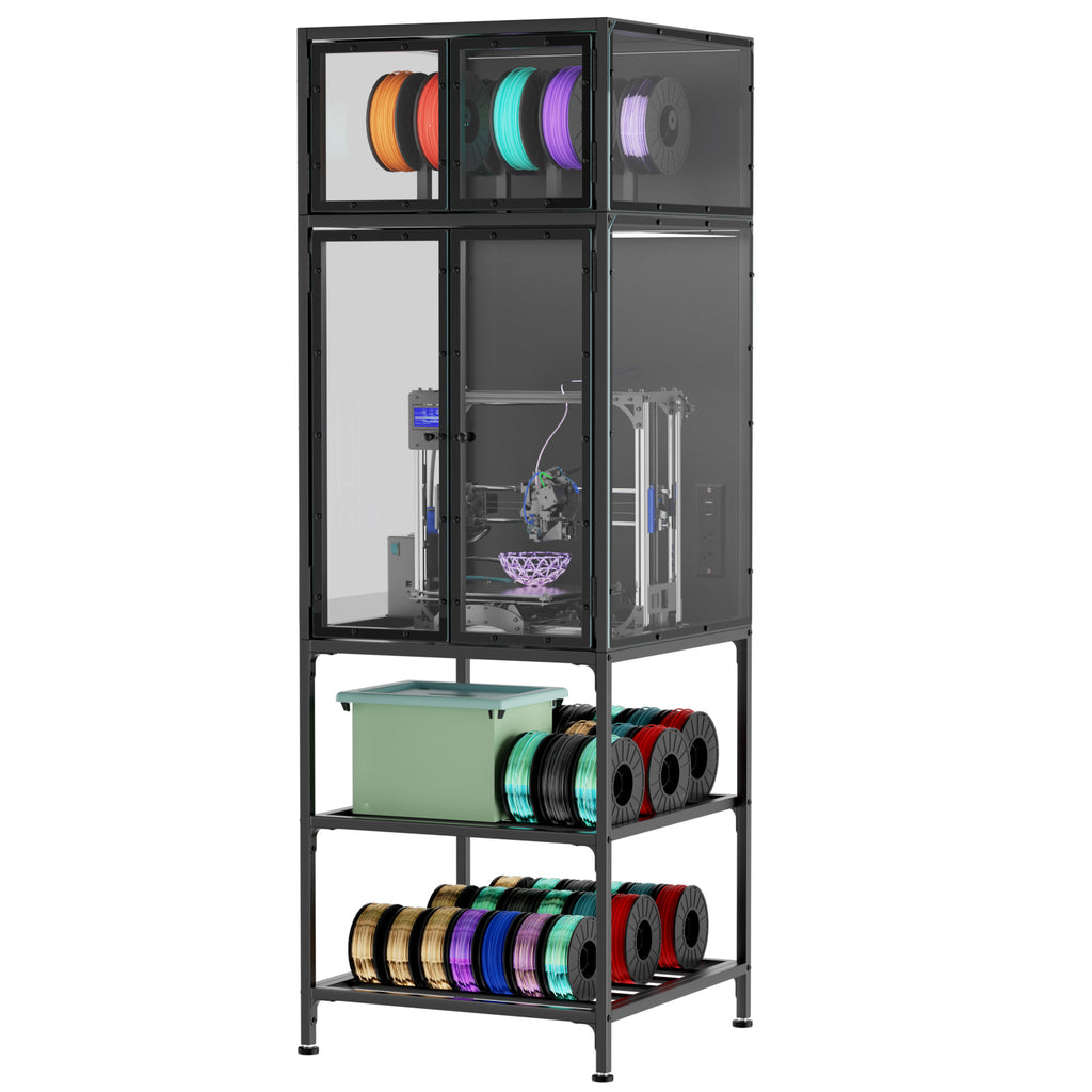 Black 3D Printer Cabinet with Double-Layer Filament Storage, T-Shaped Filament Bar, Noise-Reducing and Dust-Proof Design for Studio or Office Use - Grand Goldman Shop