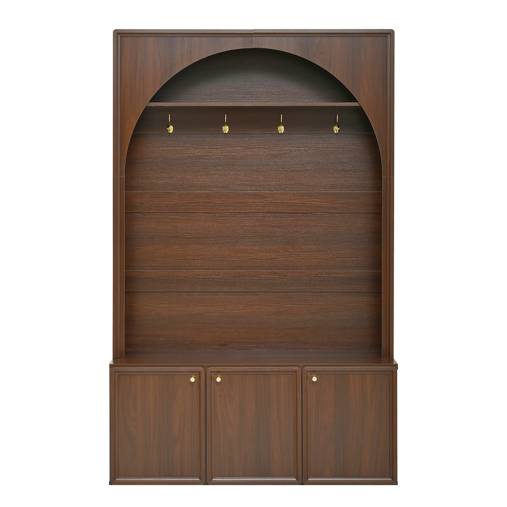 ON-TREND Farmhouse All-in-One Hall Tree with Adjustable Shelves, Retro Arched Entryway Storage Bench with 3 Cabinets, Wooden Coat Rack Organizer with 4 Golden Hooks for Mudroom, Hallway, Walnut - Grand Goldman Shop