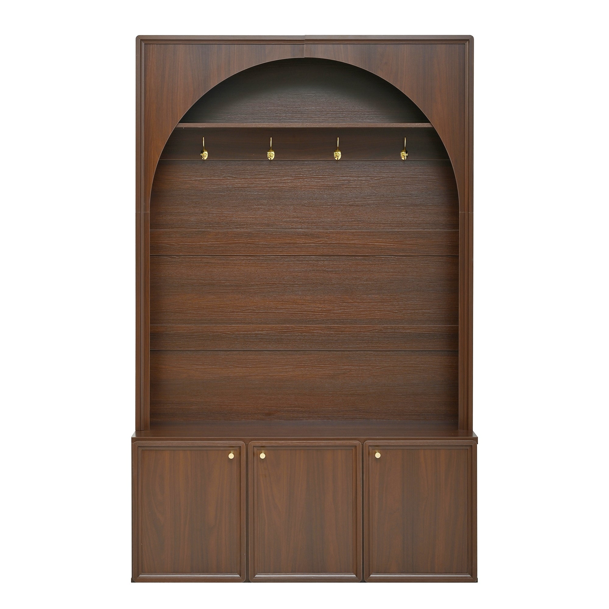 ON-TREND Farmhouse All-in-One Hall Tree with Adjustable Shelves, Retro Arched Entryway Storage Bench with 3 Cabinets, Wooden Coat Rack Organizer with 4 Golden Hooks for Mudroom, Hallway, Walnut - Grand Goldman Shop