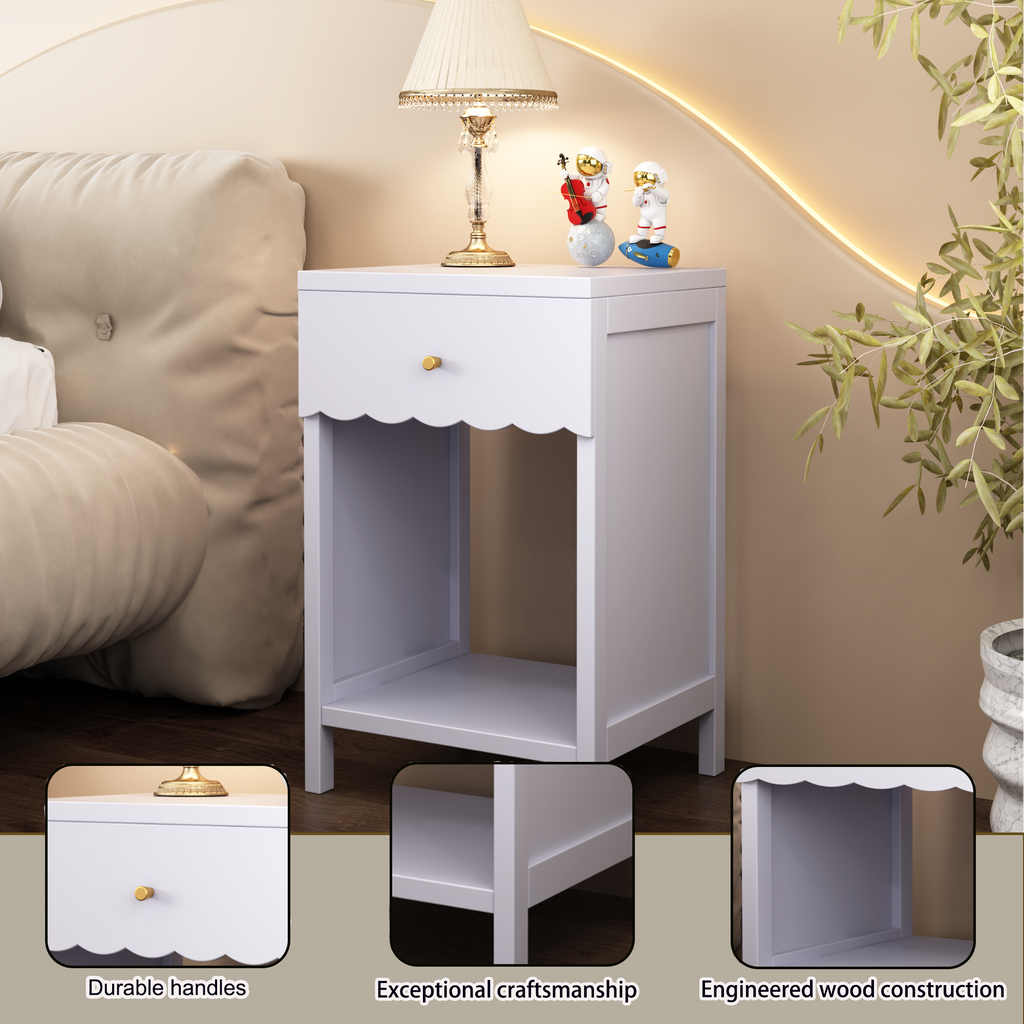 Modern Nightstand with Drawer and Open Shelf, Scalloped Edge Bedside Table in Light Purple, Minimalist Side Table for Kids Room or Girls' Room, Engineered Wood, 16.93 x 14.96 x 26.77 inches - Grand Goldman Shop