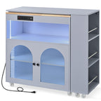 K&K Rolling Kitchen Island With Extended Table, Kitchen Island on Wheels with LED Lights,Power Outlets and 2 Fluted Glass Doors, Kitchen Island with a Storage Compartment and Side 3 Open Shelves, Grey - Grand Goldman Shop