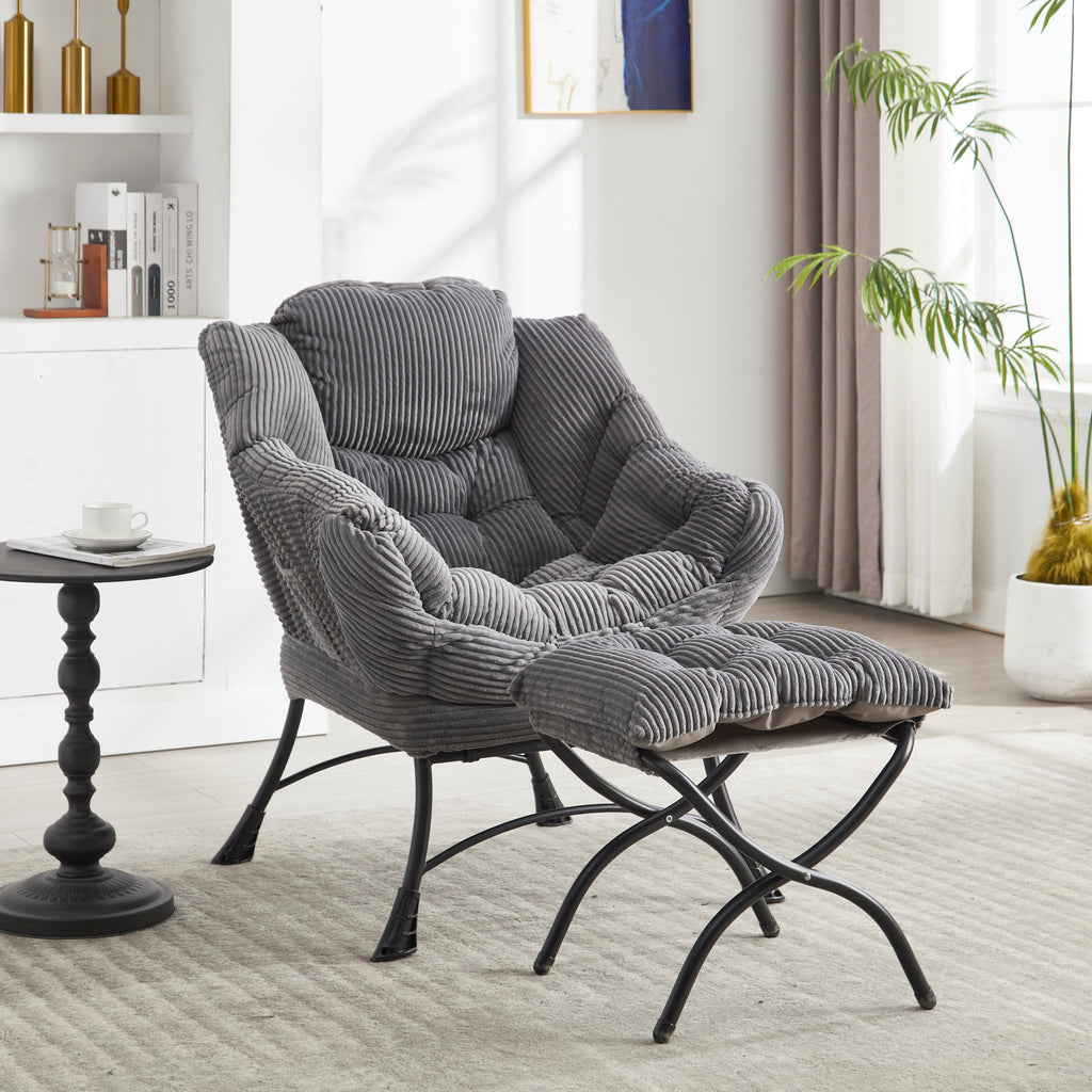 Lazy Chair with Ottoman, Modern Lounge Accent Chair with Armrests and a Side Pocket, Leisure Upholstered Sofa Chair Reading Chair with Footrest for Small Space, Corner Chair-Grey - Grand Goldman Shop