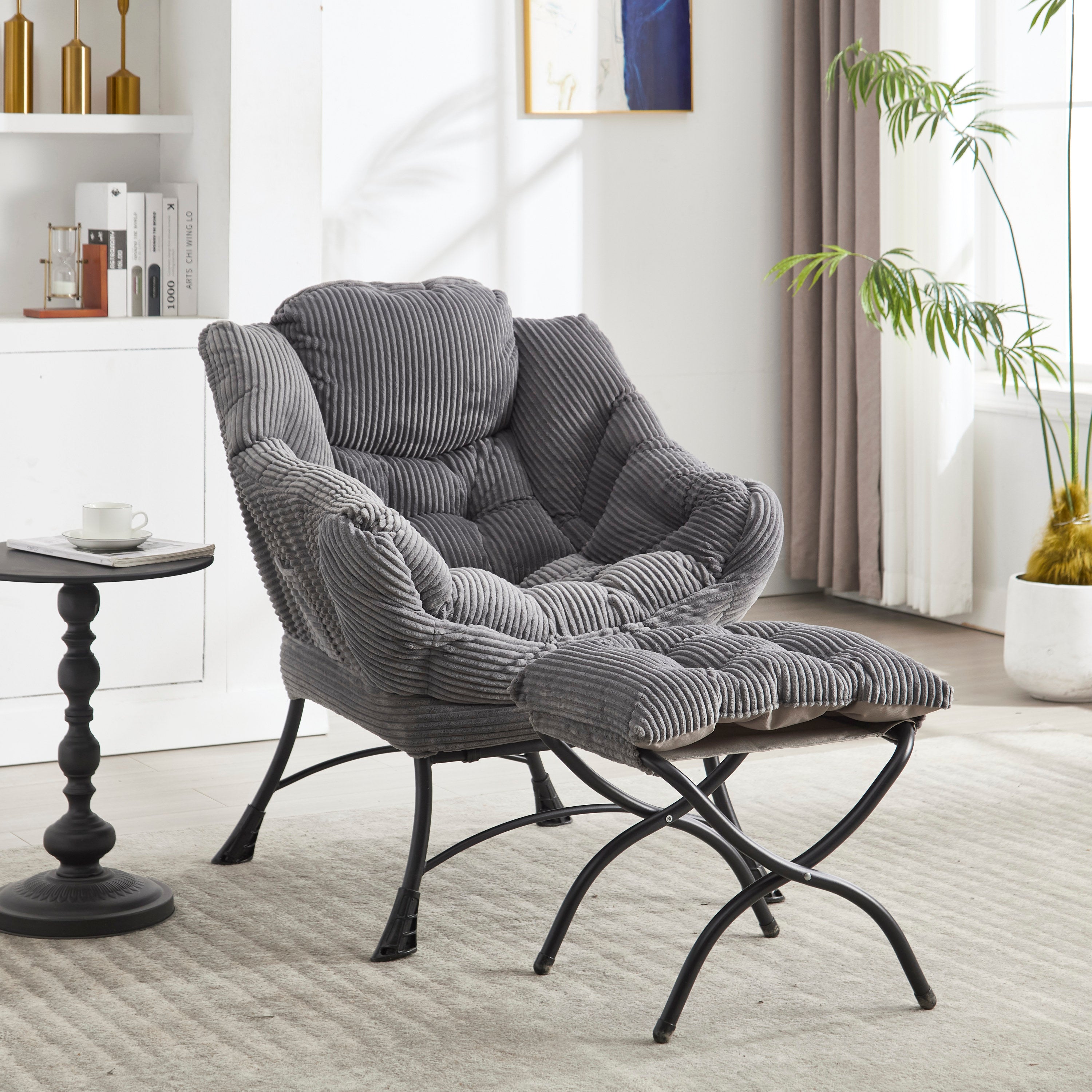 Lazy Chair with Ottoman, Modern Lounge Accent Chair with Armrests and a Side Pocket, Leisure Upholstered Sofa Chair Reading Chair with Footrest for Small Space, Corner Chair-Grey - Grand Goldman Shop