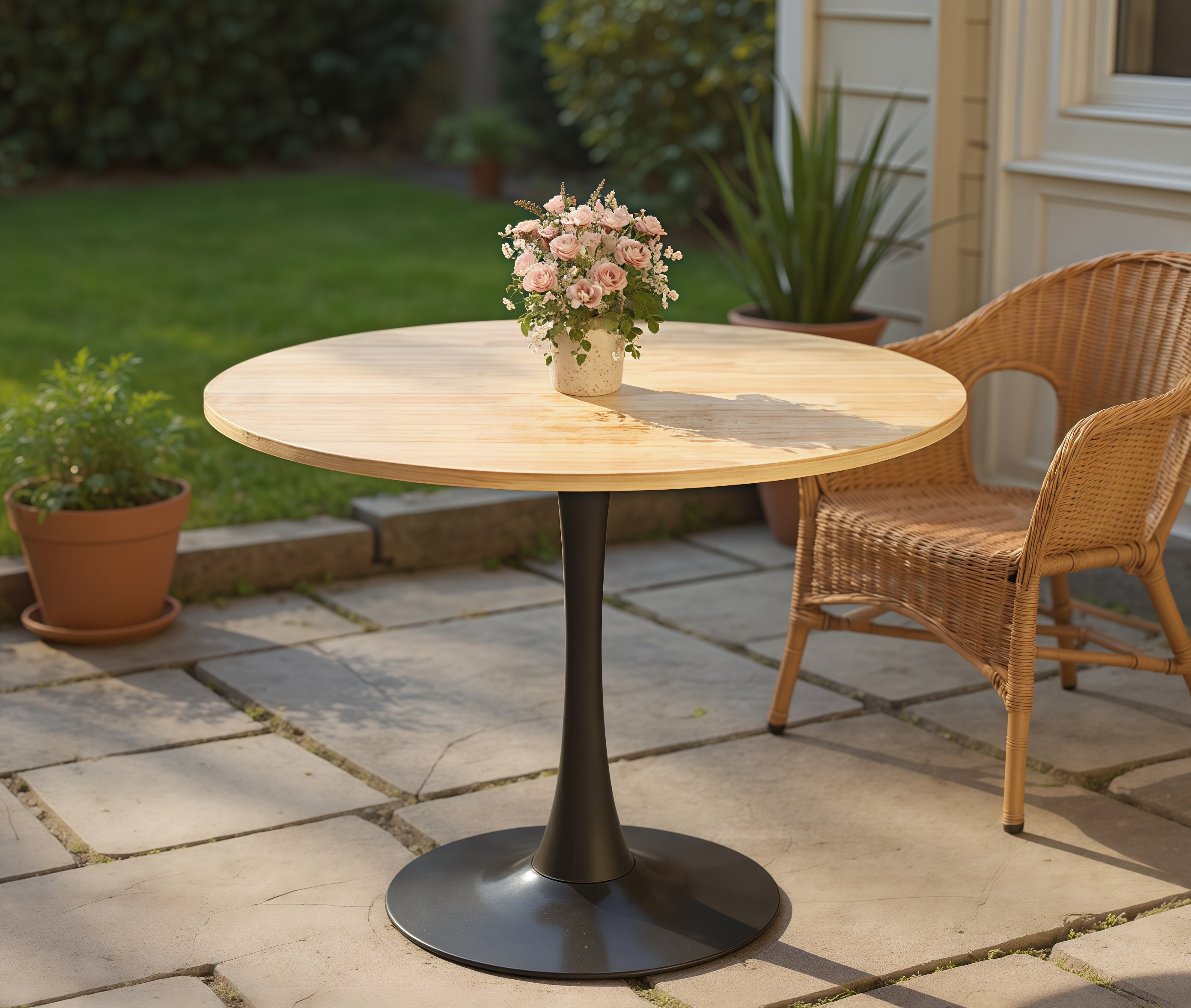 (Natural Wood Color)Round Table, Modern Dining Table, Dining Table, MDF Top and Steel Base Tulip Round Kitchen Table, Kitchen Table, Mid Century Coffee Table for Living Room 24 Inch, Oval Dining Table - Grand Goldman Shop