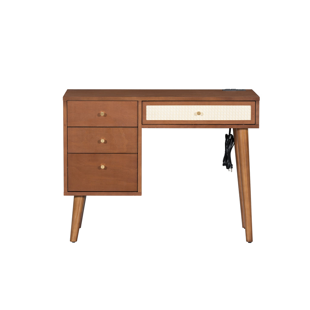 39' Retro Bohemian Style Wooden Makeup Vanity Set with Charging Plug&USB Port and Stool, Dressing Table with 3 Storage Drawers and 1 Rectangular Rattan Drawer, Walnut - Grand Goldman Shop