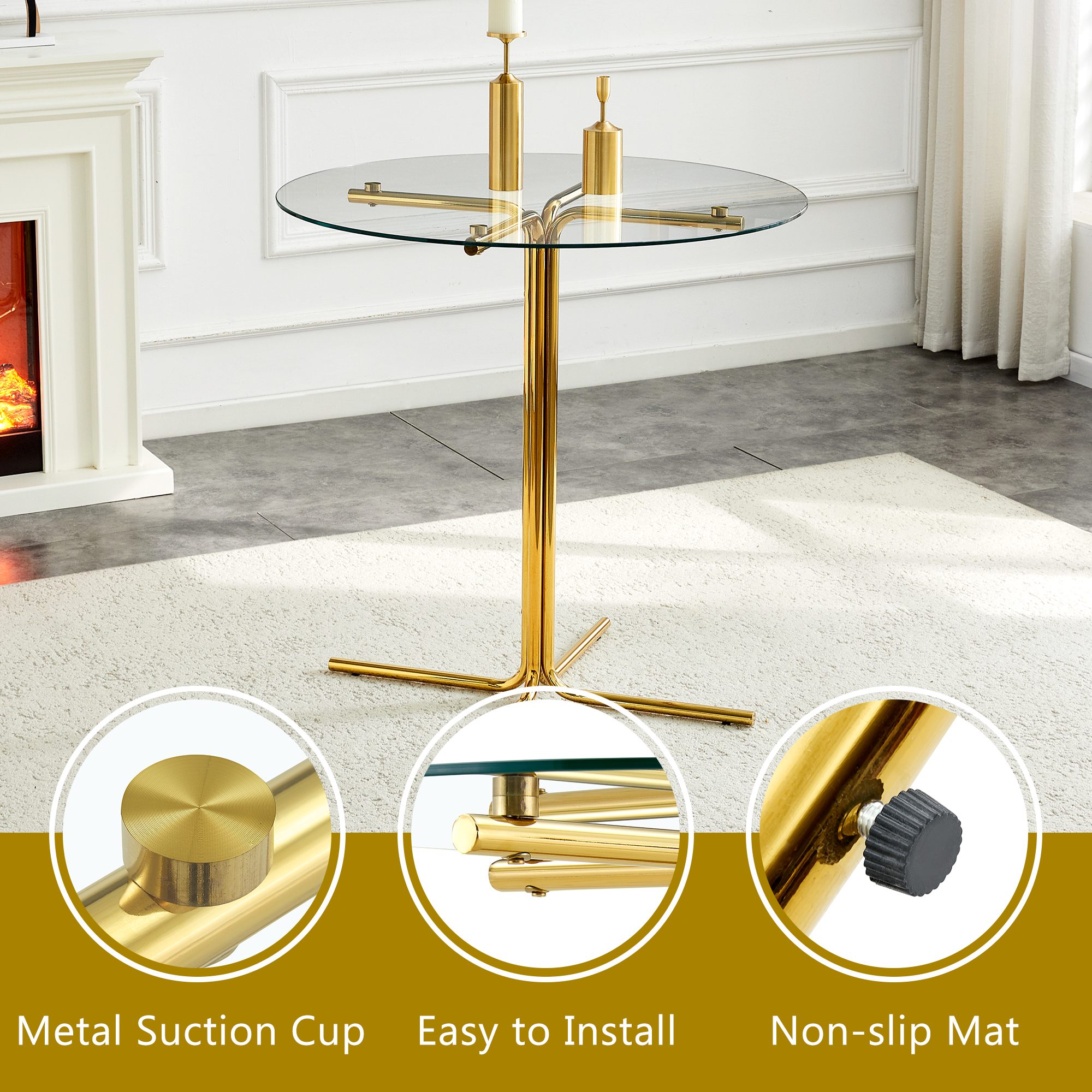 Round glass bar high table, 36 inch round bar table, tempered glass tabletop, sturdy gold chrome plated four column support, suitable for transparent round bar tables in small spaces, kitchens - Grand Goldman Shop