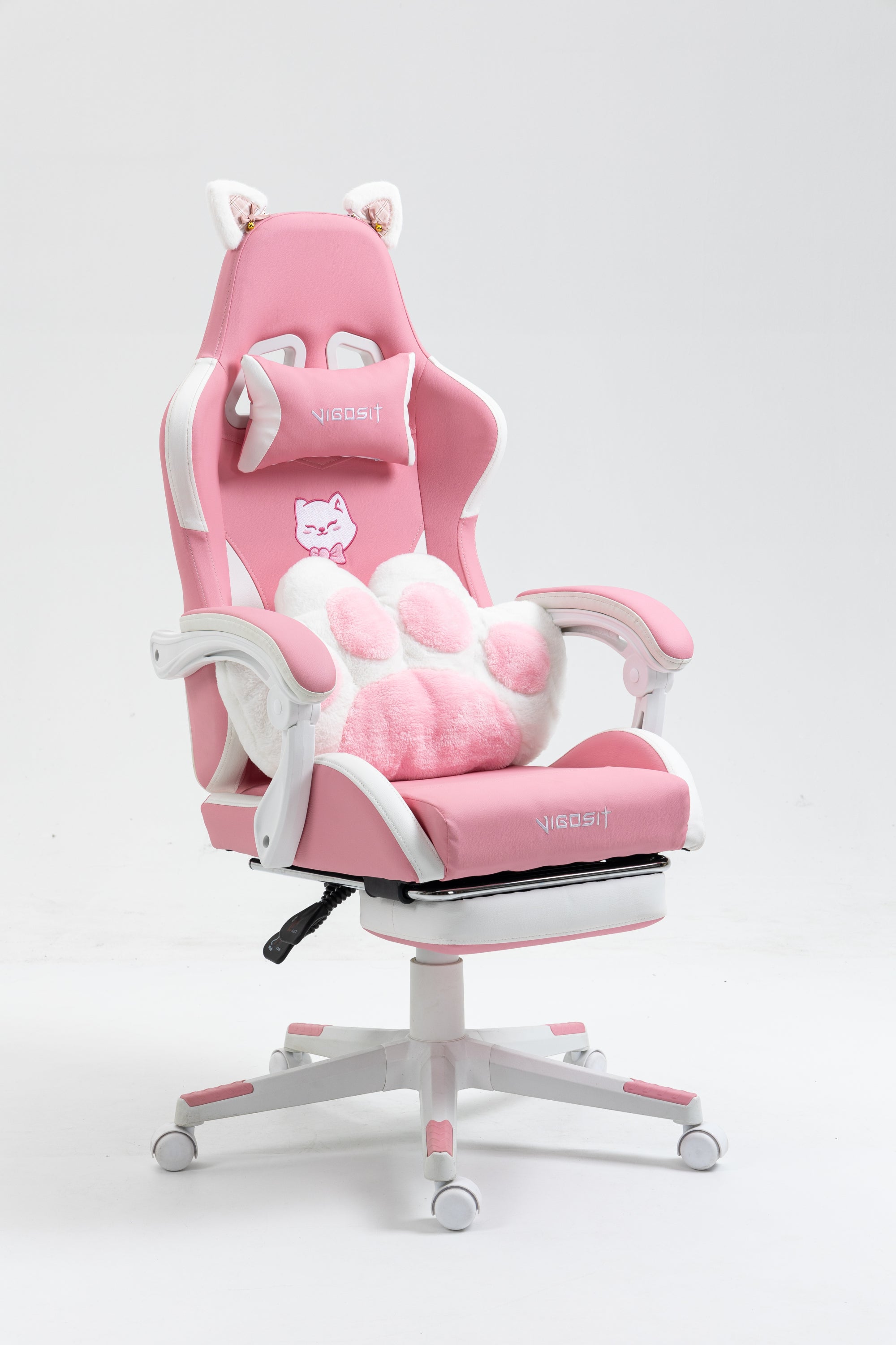 Cat Ears Pink Gaming Chair - Pink PU Leather Ergonomic Reclining Office Chair with Footrest, 310lb Capacity, 6-Position Recli
