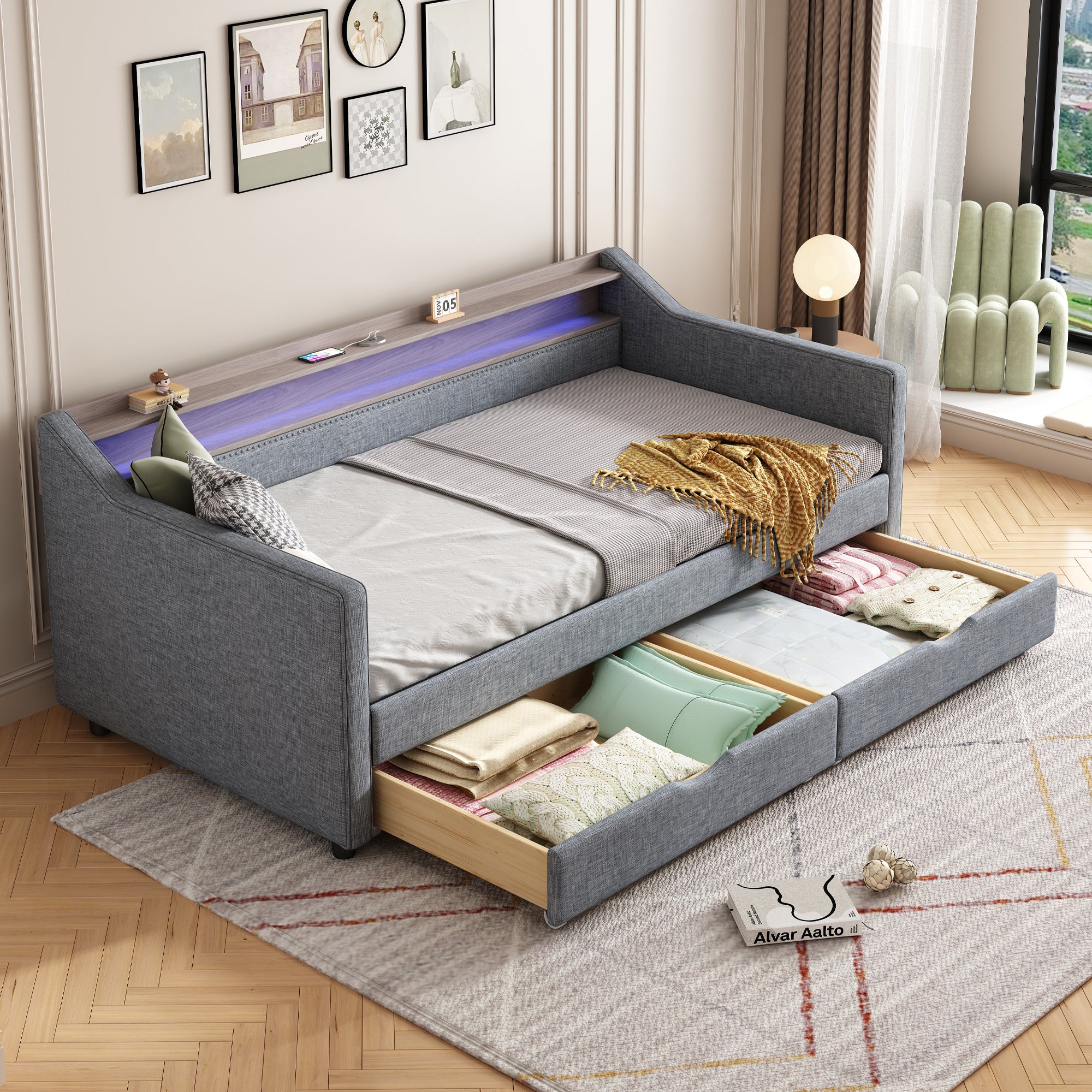 Twin Size Daybed with 2 Storage Drawers and 2-Tier Shelf & /USB/Type-C Port, Modern Linen Upholstered Sofa Day Bed Frame with  Smart LED Light for Livingroom, Apartment,Light grey - Grand Goldman Shop