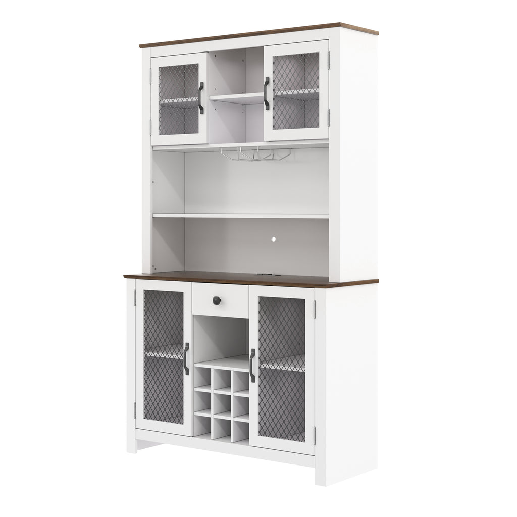70.9' Kitchen Pantry Storage Cabinet Rustic Buffet Cabinet, Kitchen Hutch Cabinet with LED Outlets Food Pantry Cabinet with Doors and Shelves Wine Rack for Dining Room, White - Grand Goldman Shop