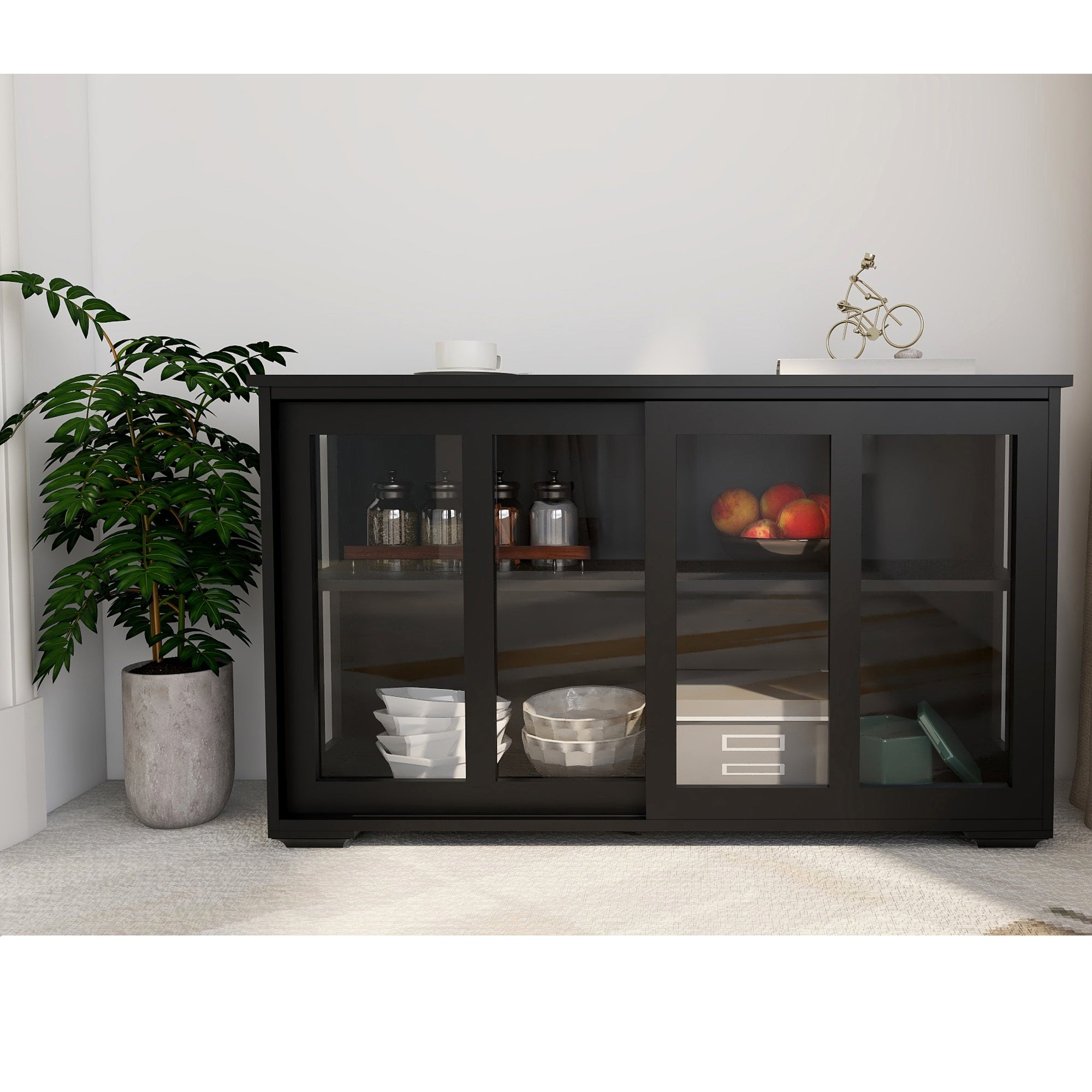 Kitchen Storage Stand Cupboard With Glass Door-Black - Grand Goldman Shop