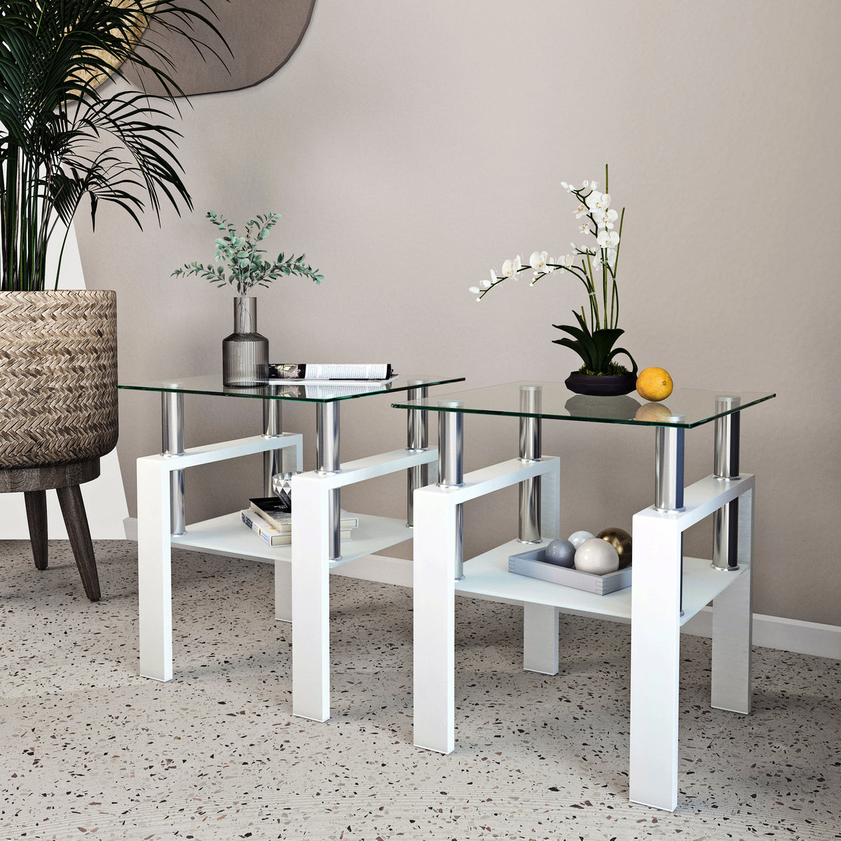 Set of 2, Modern Tempered Glass Tea Table Coffee Table End Table, Square Table for Living Room, Transparent/White - Grand Goldman Shop