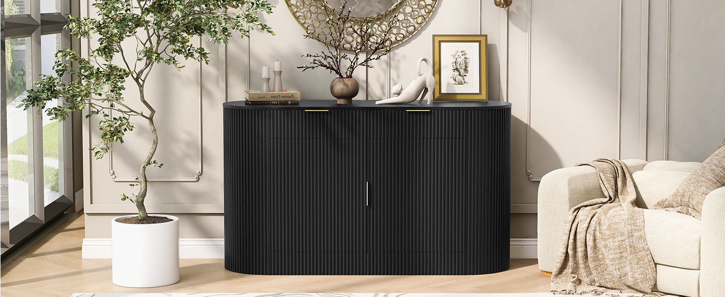 U_STYLE 55.1' Modern Storage Cabinet – 2 Doors & 2 Drawers, Stripe MDF Sideboard with Aluminum Handles, Curved Side Door & 3-Tier Shelves, Buffet Cabinet for Living Room, Bedroom, Dining Room - Grand Goldman Shop