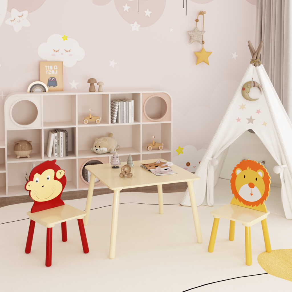 Lion & Monkey Wooden Activity Play Table Set for Kids, 3-Piece Toddler Table and Chair Set in Yellow & Red, Solid Wood & MDF,