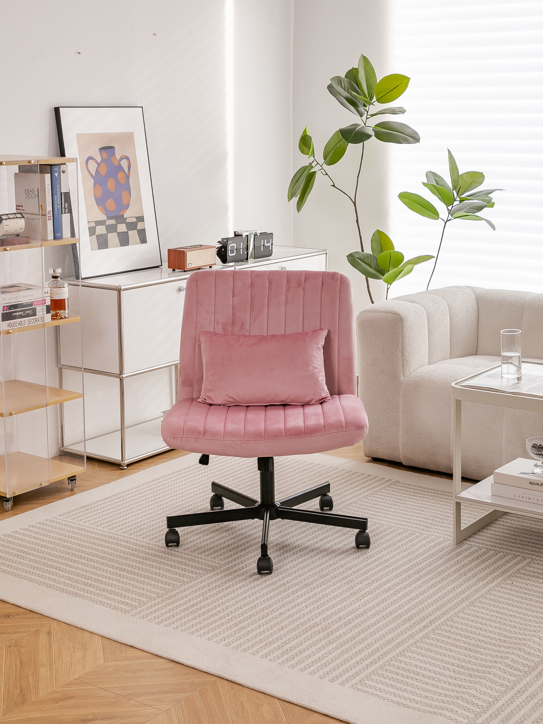 Light Pink Velvet Criss Cross Armless Office Chair with Wheels - Comfortable & Stylish for Home Office, Meditation, and Makeu