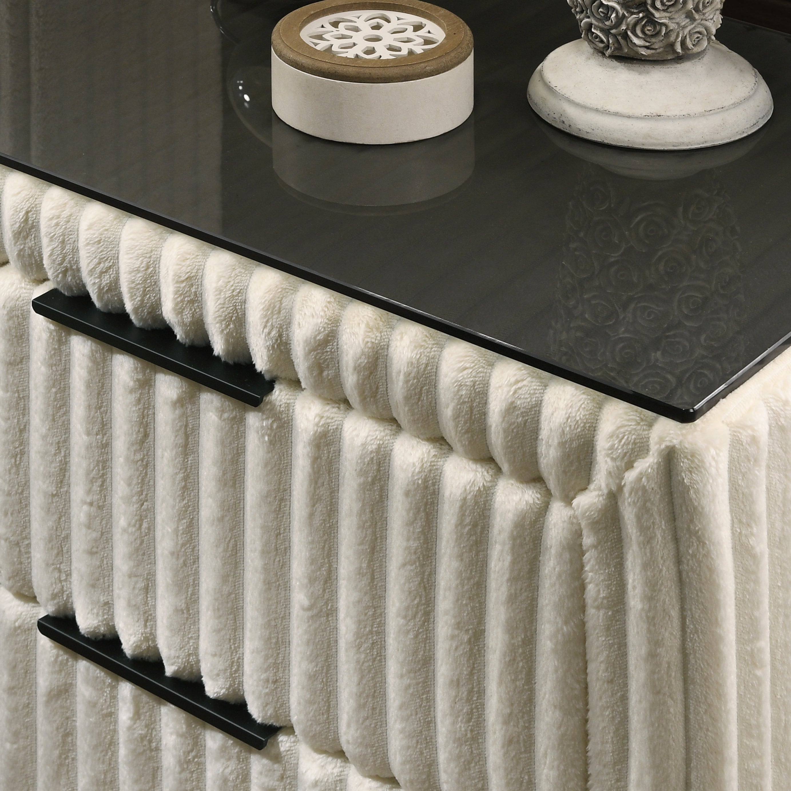 Mavela Wide Wale Corduroy Upholstery Panel Queen Bed with 2 Nightstands, Cream - Grand Goldman Shop