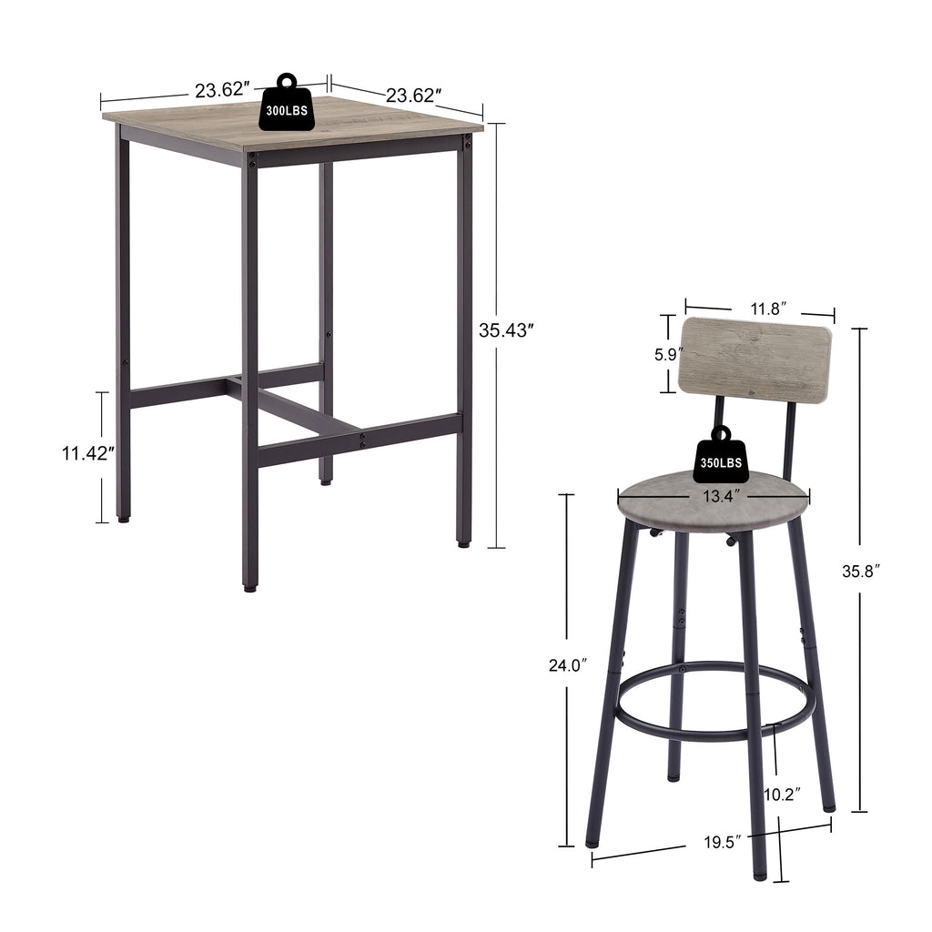 Bar Table Set with 2 Bar stools PU Soft seat with backrest, Grey, 23.62'' W x 23.62'' D x 35.43'' H - Grand Goldman Shop