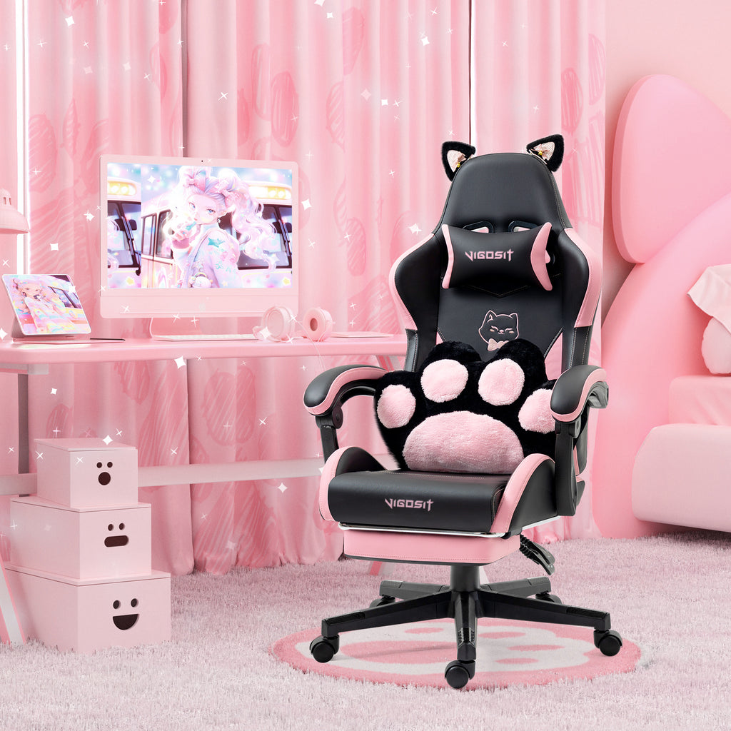 Cute Cat Gaming Chair with Paw Lumbar Cushion, PC Video Gamer Chair for Girl Teen Woman (Black) - Grand Goldman