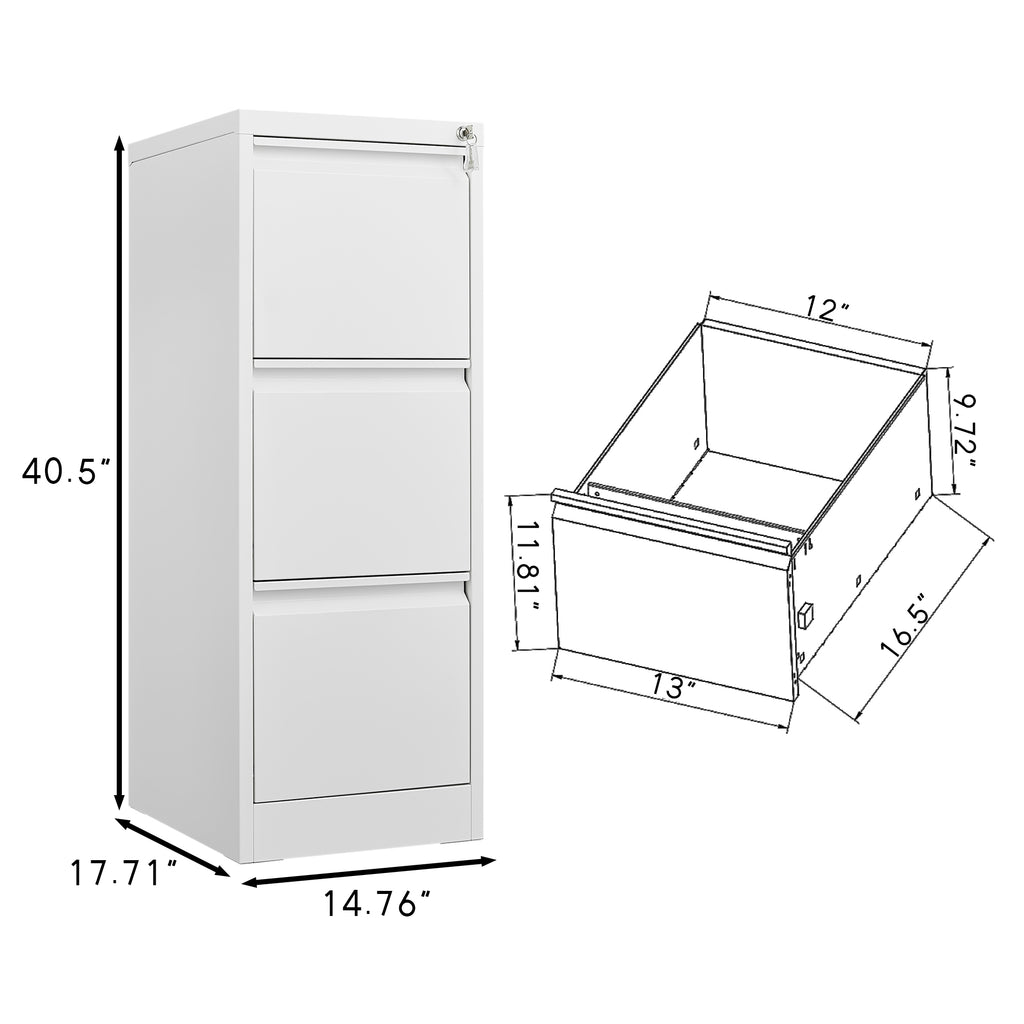Steel Vertical File Cabinet with Lock - 3-Drawer Metal Storage for A4/Legal/Letter - White, 14.65 x 14.75 x 40.50 inches - Gr